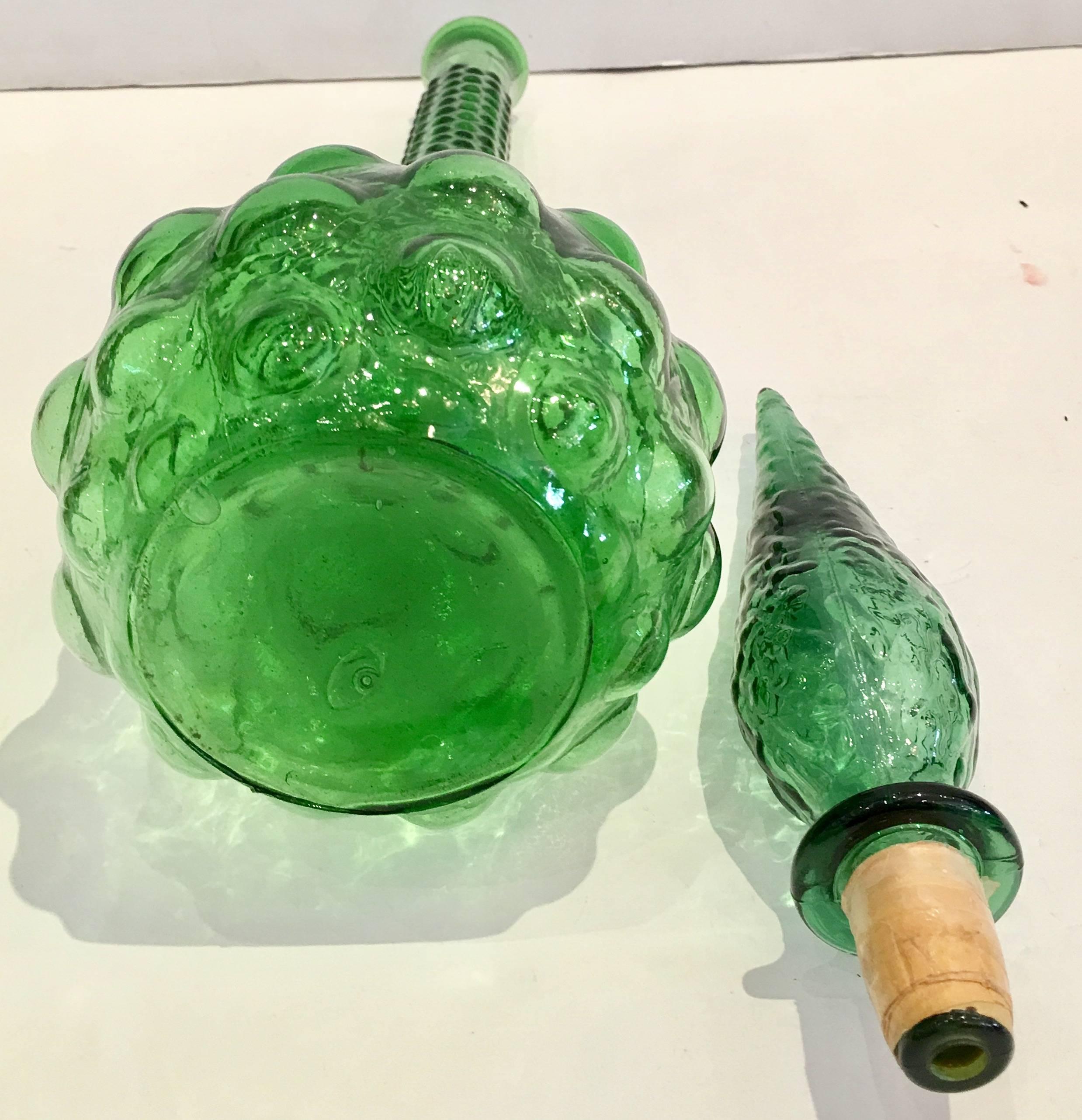 20th Century Vintage Tall Italian Empoli Bubble Art Glass Emerald Decanter