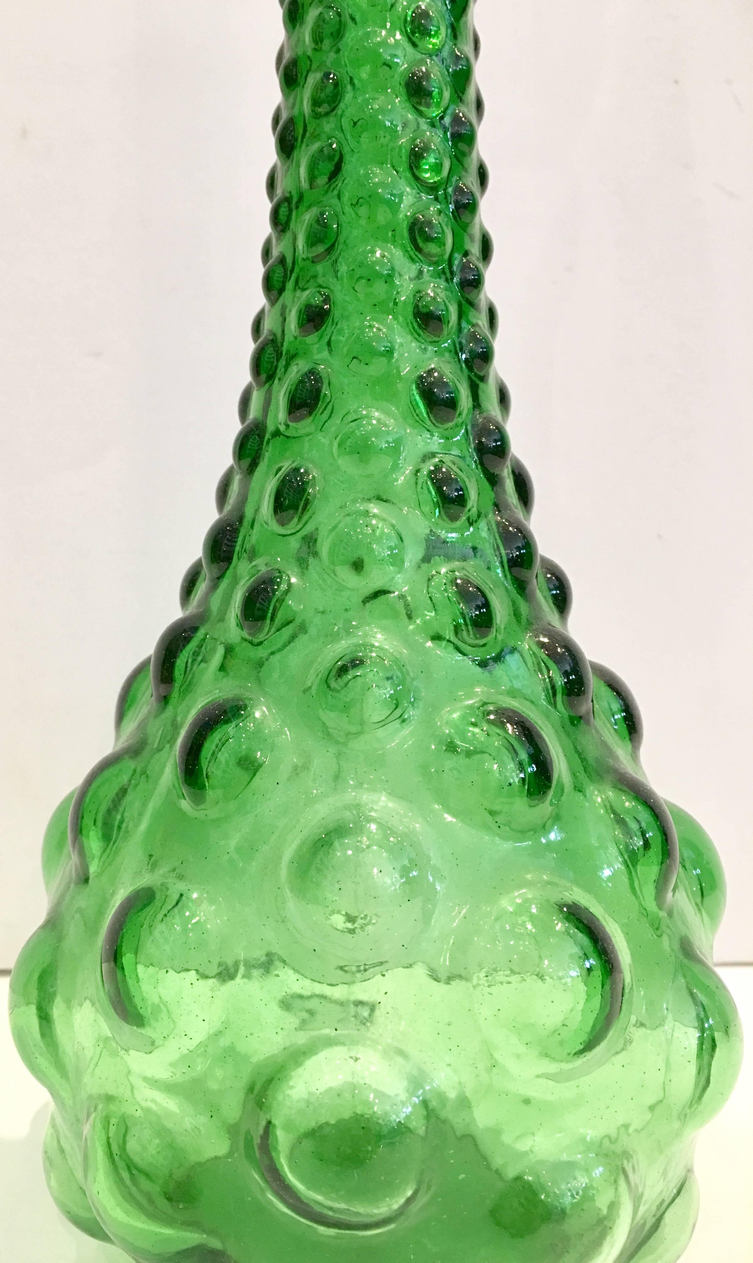 Mid-Century Modern Vintage Tall Italian Empoli Bubble Art Glass Emerald Decanter