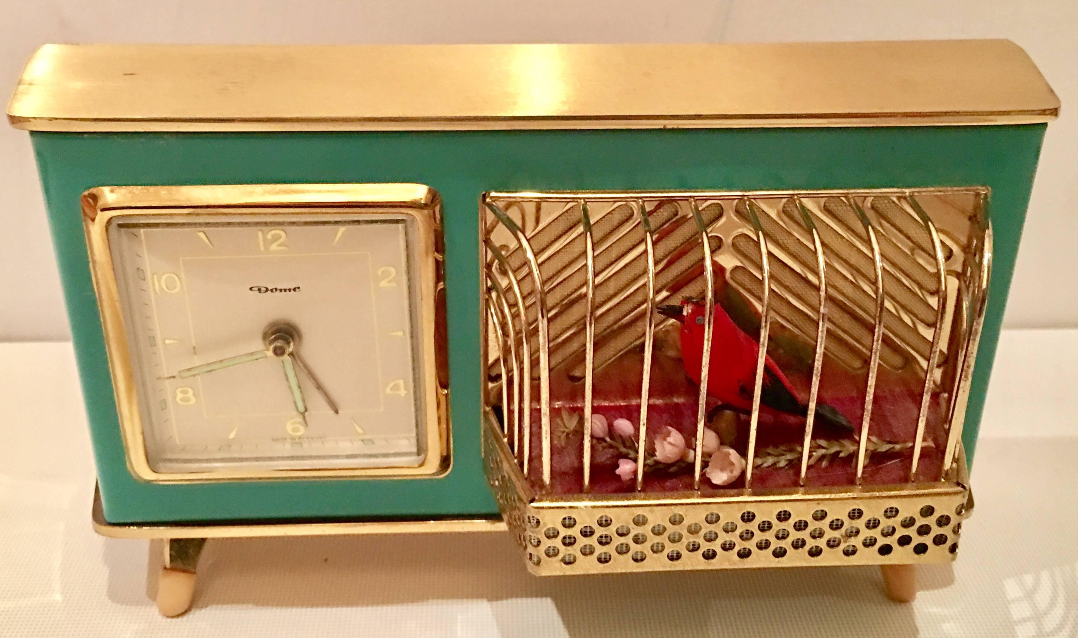 Mid-Century Modern Réveil de bureau allemand des années 1950 avec cage à oiseaux chantants