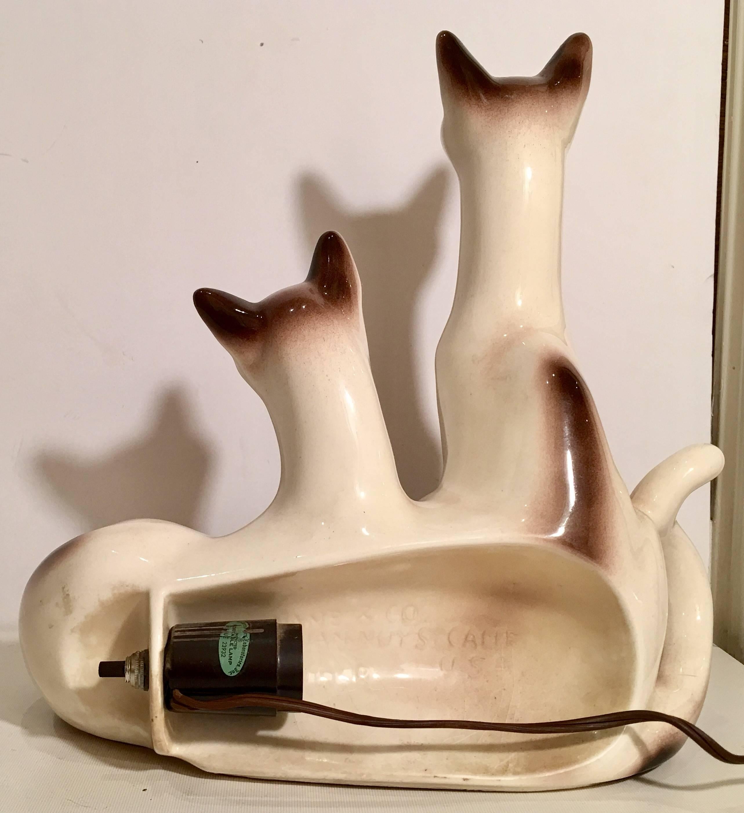 Glazed 1950s Ceramic Siamese Cat Table Lamp by, Lane