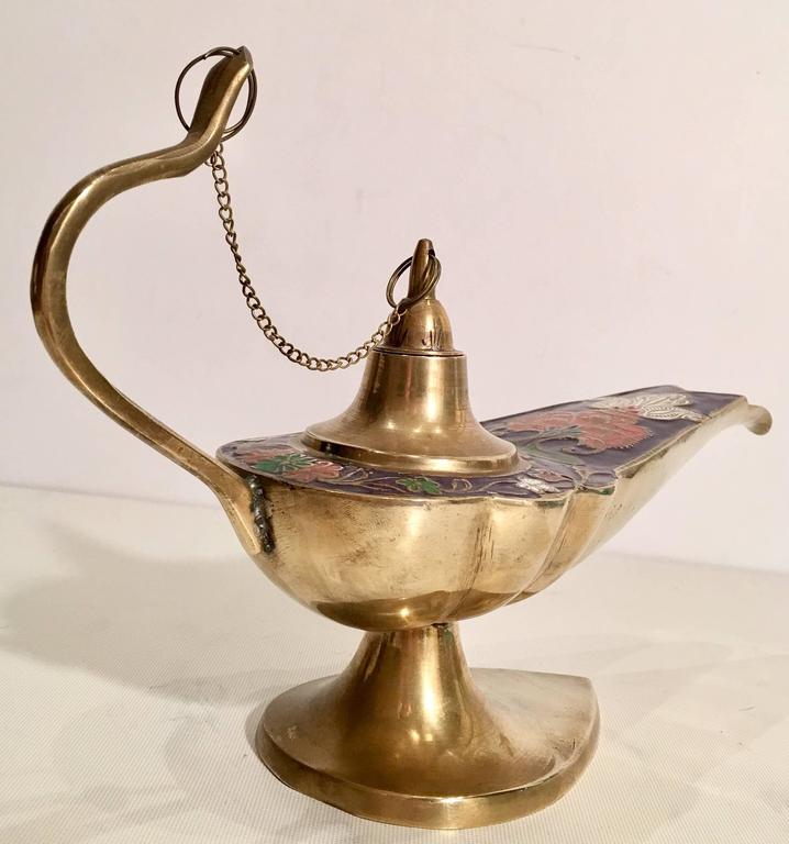 Mid-Century Brass and Cloisonne Genie Oil Lamp, Incense Burner at 1stDibs   mid century modern incense burner, brass genie lamp incense burner, genie  lamp incense burner