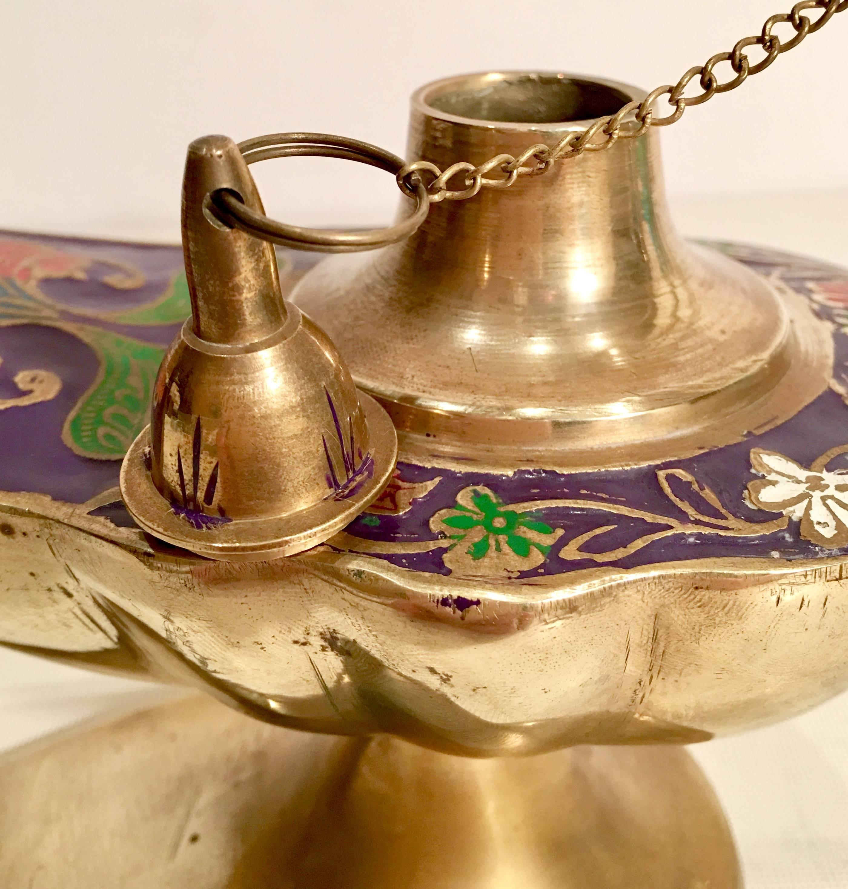 Cloissoné Mid-Century Brass & Cloisonne Genie Oil Lamp, Incense Burner