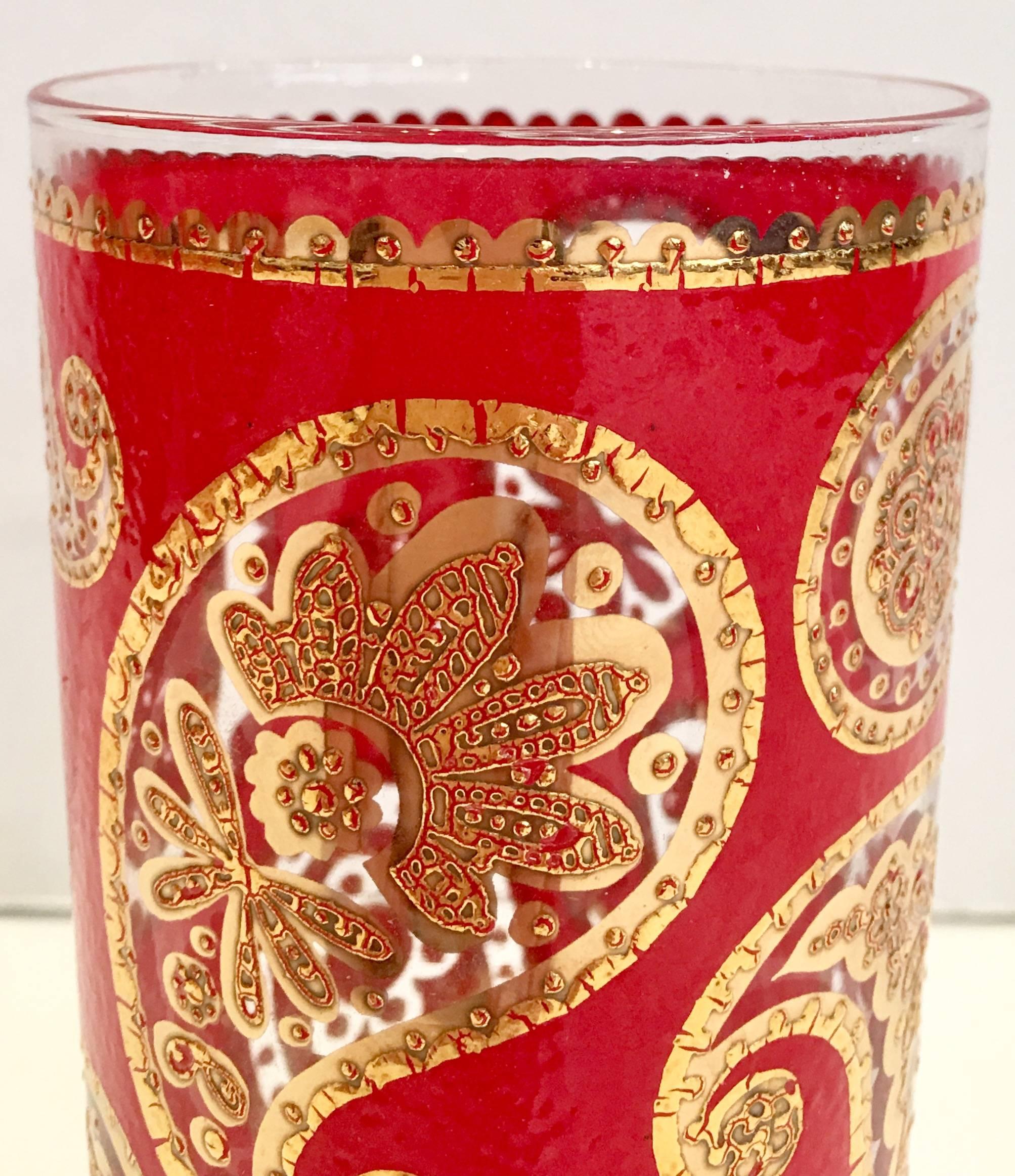 American 1960s Culver Red and 22-Karat Gold Paisley High Ball Glasses Set of Seven