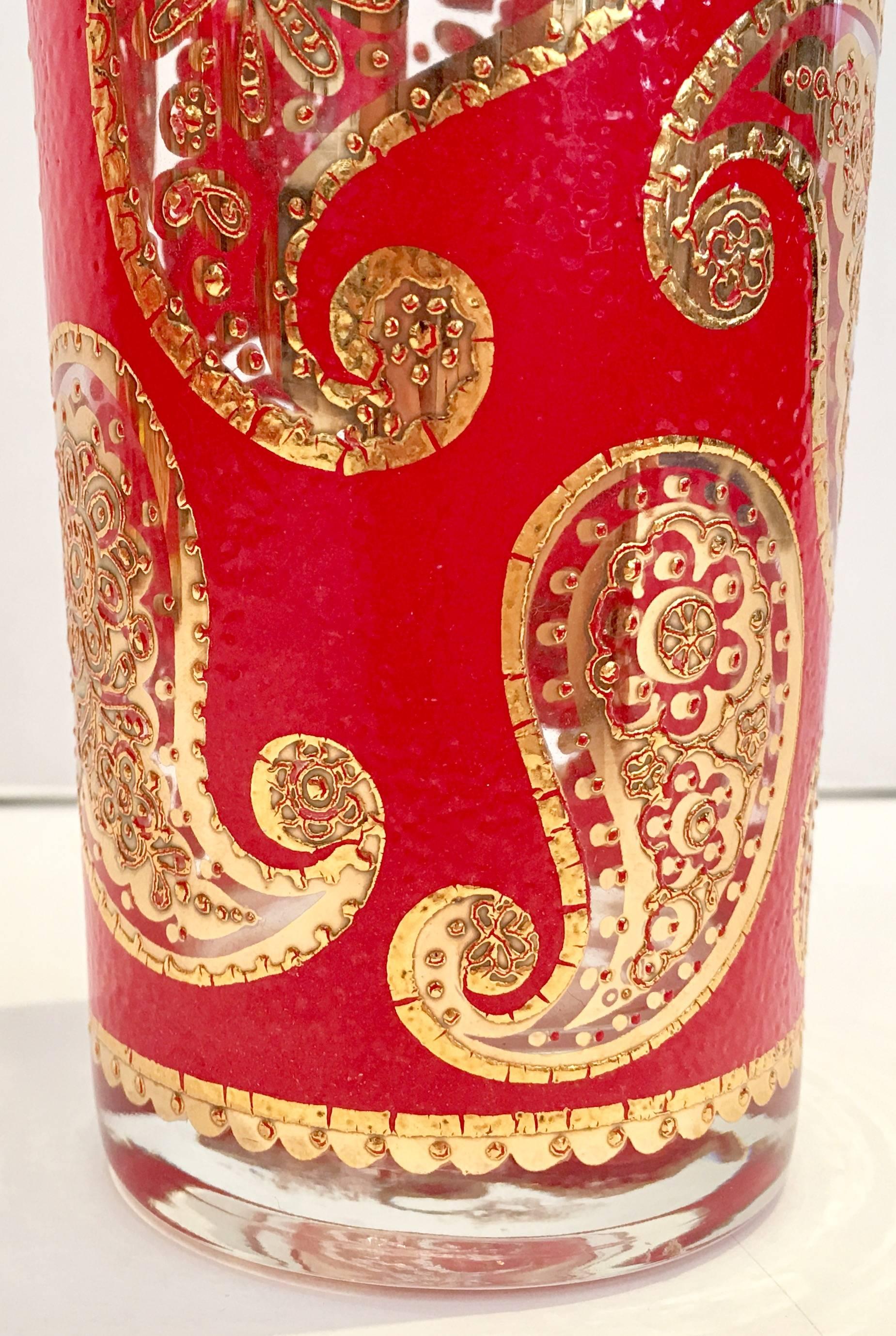 Hollywood Regency 1960s Culver Red and 22-Karat Gold Paisley High Ball Glasses Set of Seven