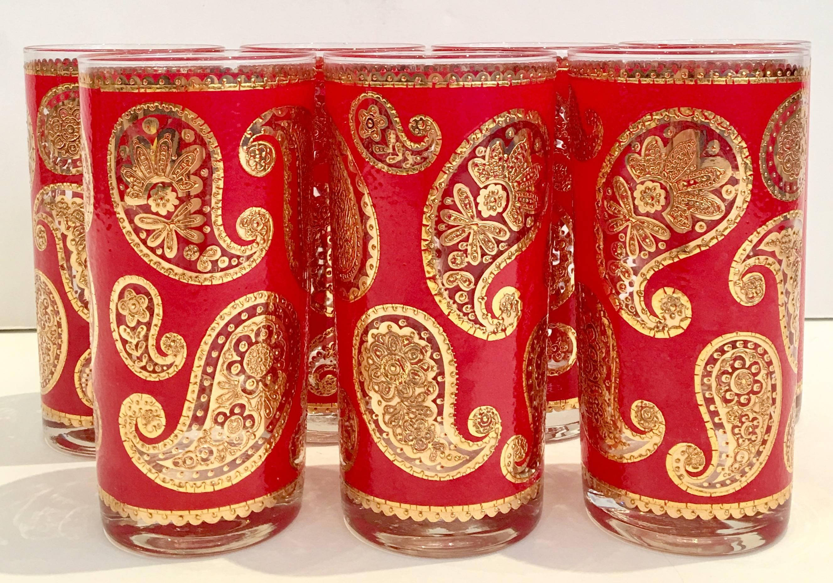 Hollywood Regency bright red and 22-karat gold paisley pattern high ball glasses by Culver.