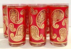1960s Culver Red and 22-Karat Gold Paisley High Ball Glasses Set of Seven