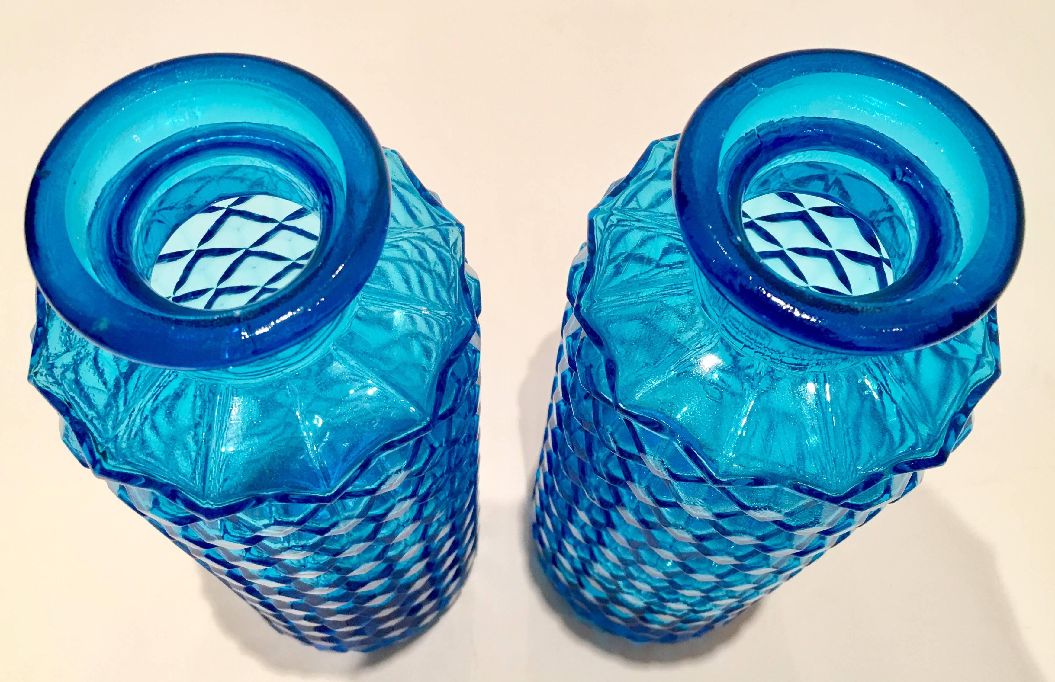 Pair of Vintage Italian Empoli Azure Diamond Cut-Glass Decanters In Excellent Condition In West Palm Beach, FL