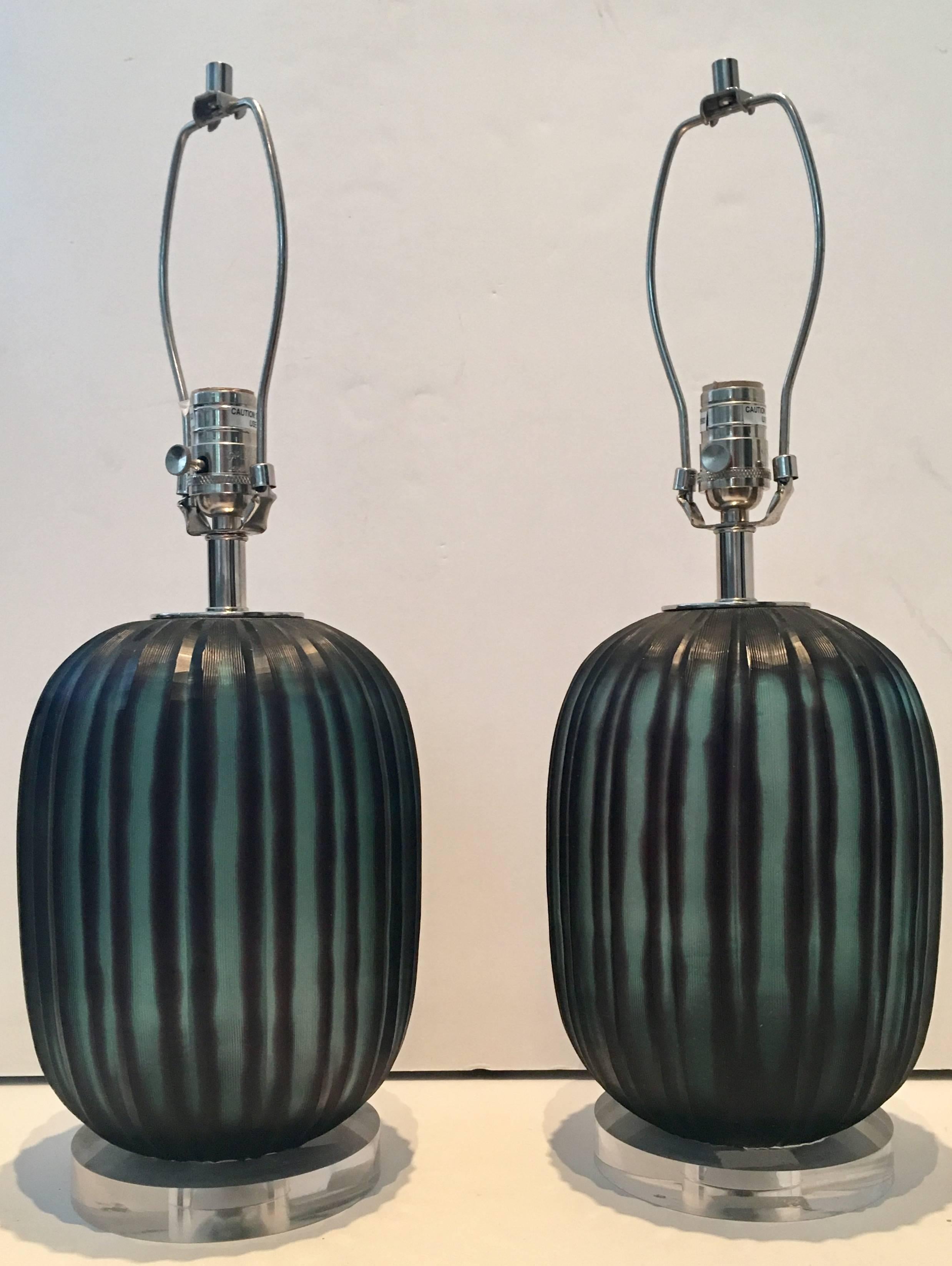 Contemporary & New Fluted & Frosted Blown Glass Lamps. Features chocolate brown and teal colored body with Lucite base and chrome fittings. Includes a pair of chrome harp and cylinder shape finials. Height to socket, 16.5