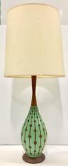 Mid-Century Modern Ceramic and Walnut Hand Painted Bowling Pin Lamp Pai