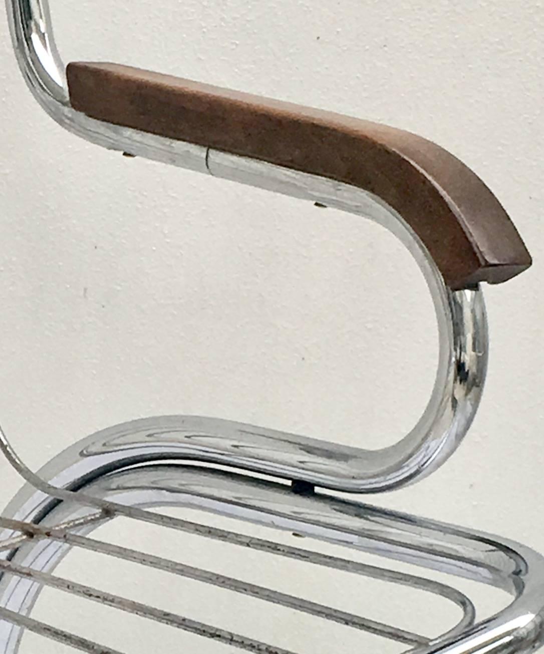 20th Century Pair Of Italian Gastone Rinaldi Style Chrome & Wood Cantilever Arm Chairs