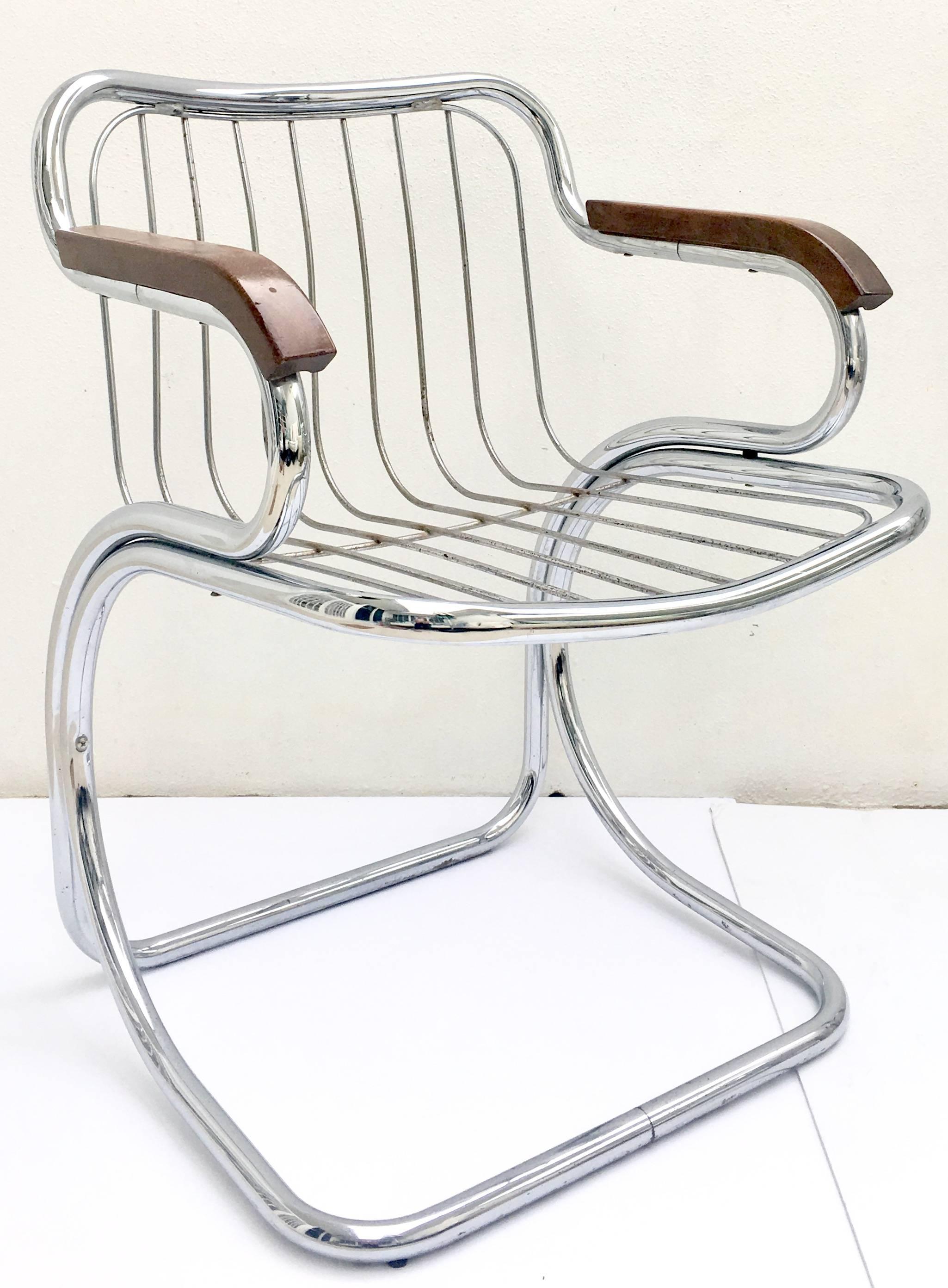 Mid-Century Modern Pair Of Italian Gastone Rinaldi Style Chrome & Wood Cantilever Arm Chairs