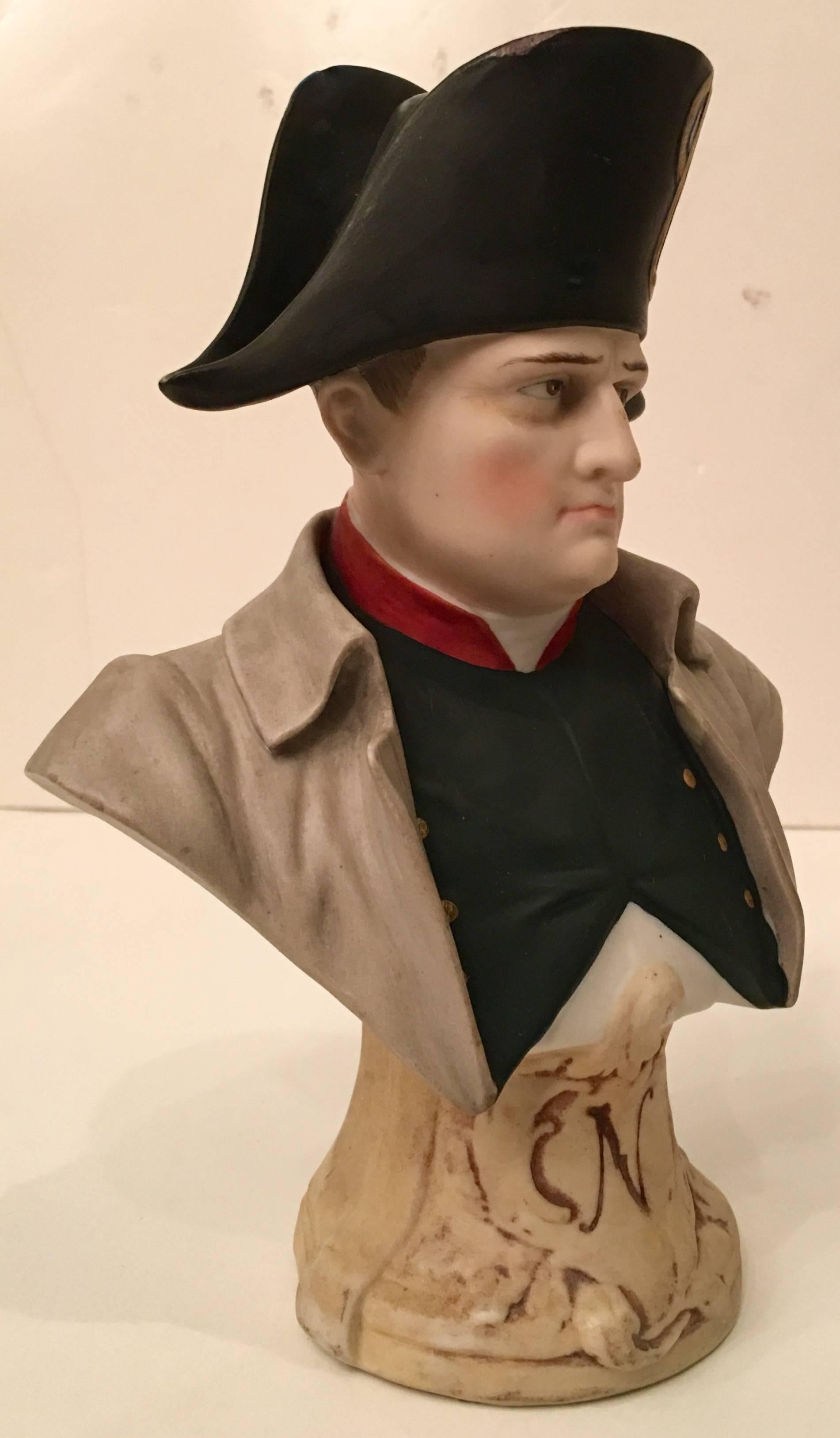 Rare Antique German Meissen Porcelain bust of general Napoleon Bonaparte, raised on a stand. The bust is matte glazed, hand-painted with gold gilt detail. This bust features incredible attention to detail. From the folds of the military costume to