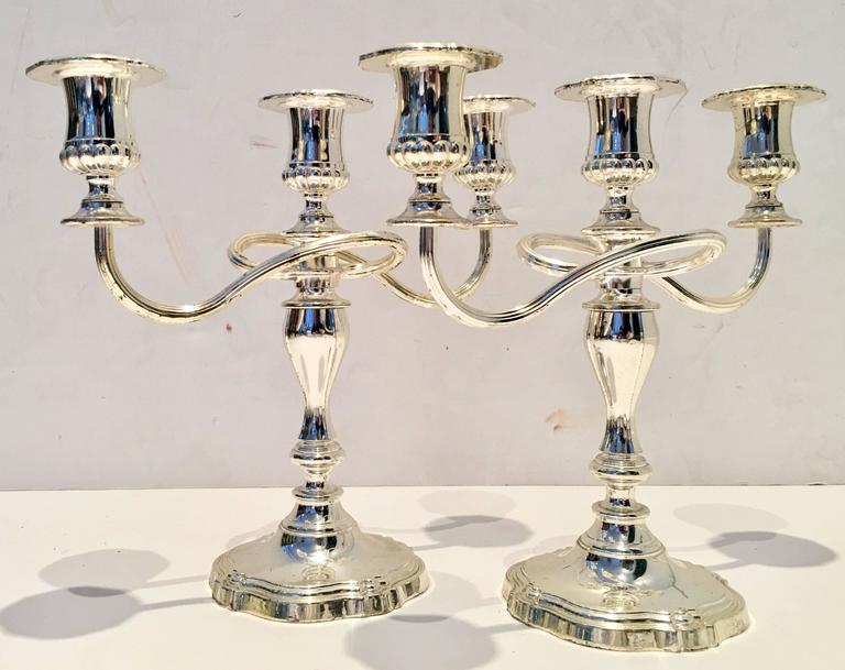 MidCentury Pair of English Silver Plate ThreeLight Candelabra at 1stDibs