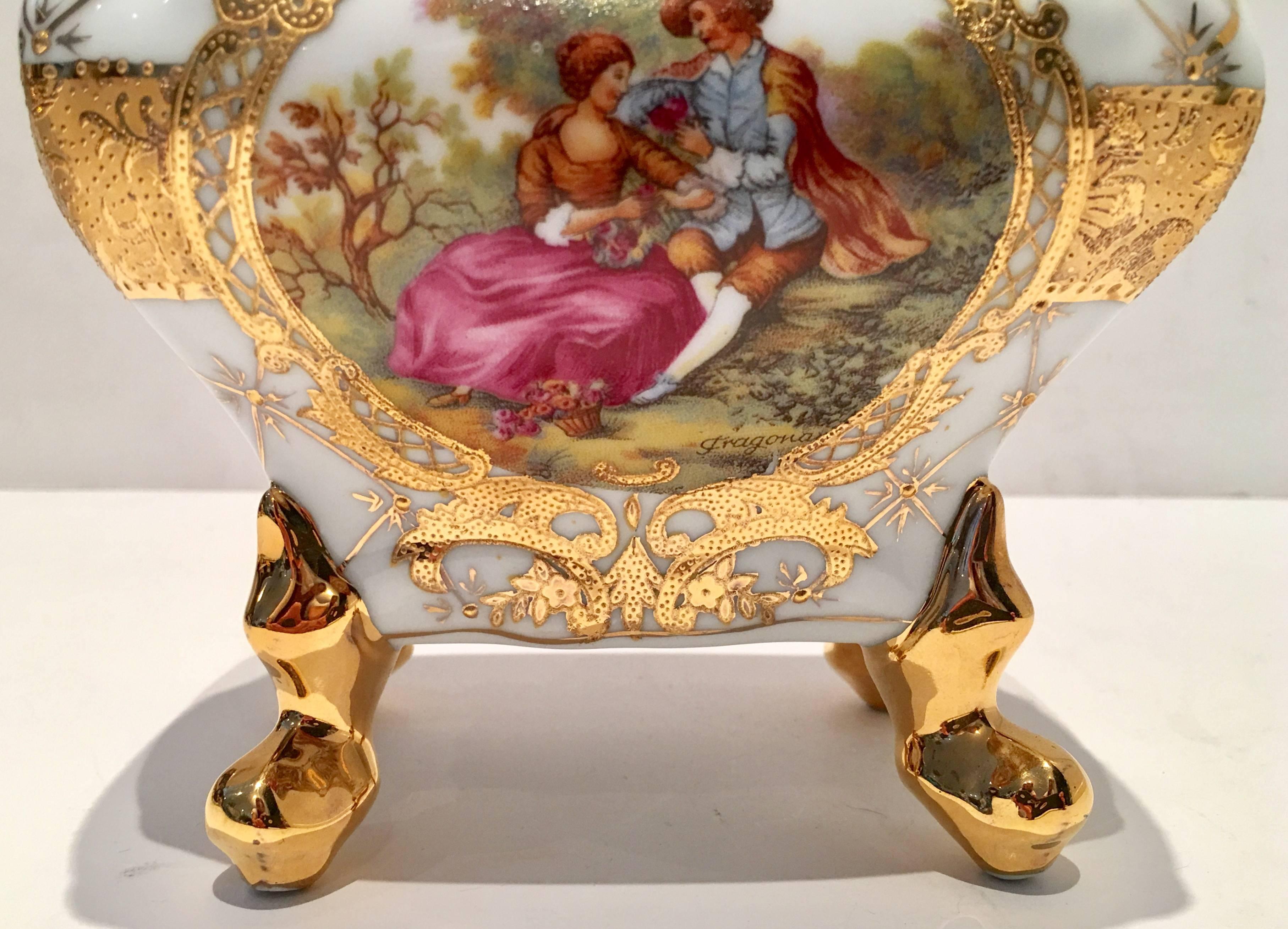 Hand-Painted Vintage Limoges Porcelain and 22-Karat Gold Footed Box