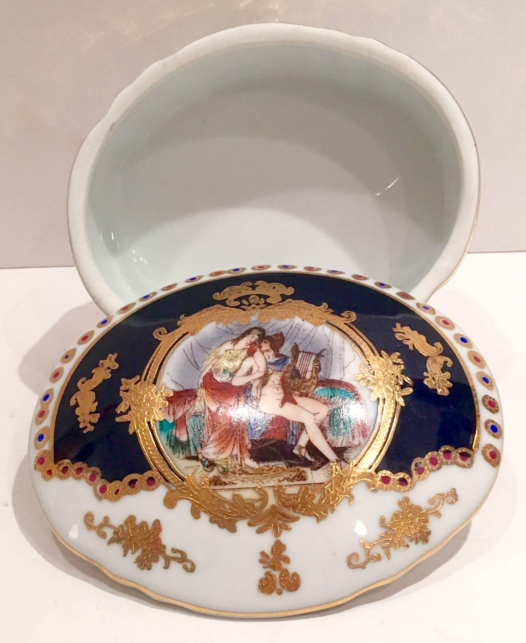 Chinese Porcelain French Sèvres Style Cobalt & 24-Karat Gold Box & Tray, Three Piece Set