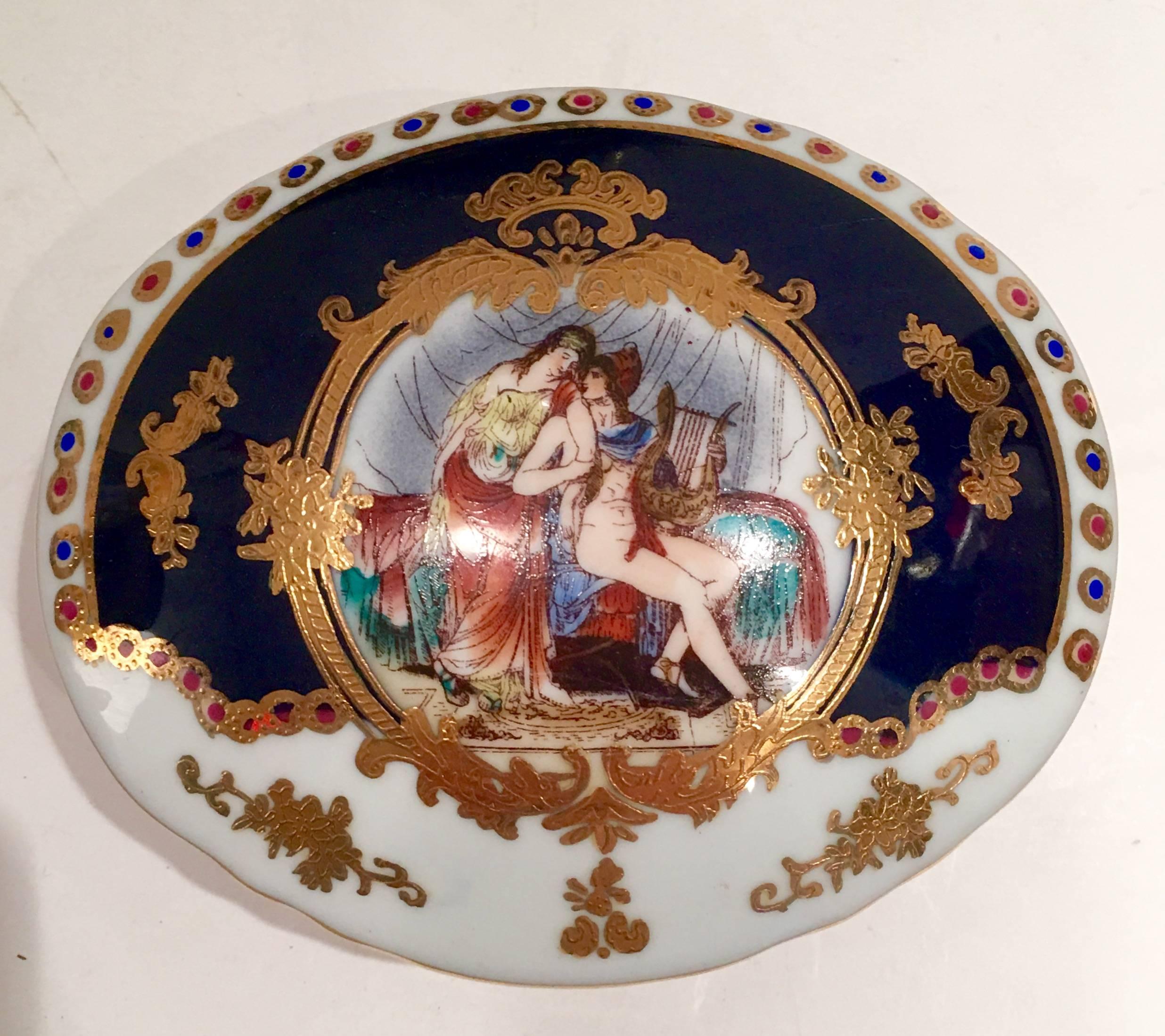 Hand-Painted Porcelain French Sèvres Style Cobalt & 24-Karat Gold Box & Tray, Three Piece Set