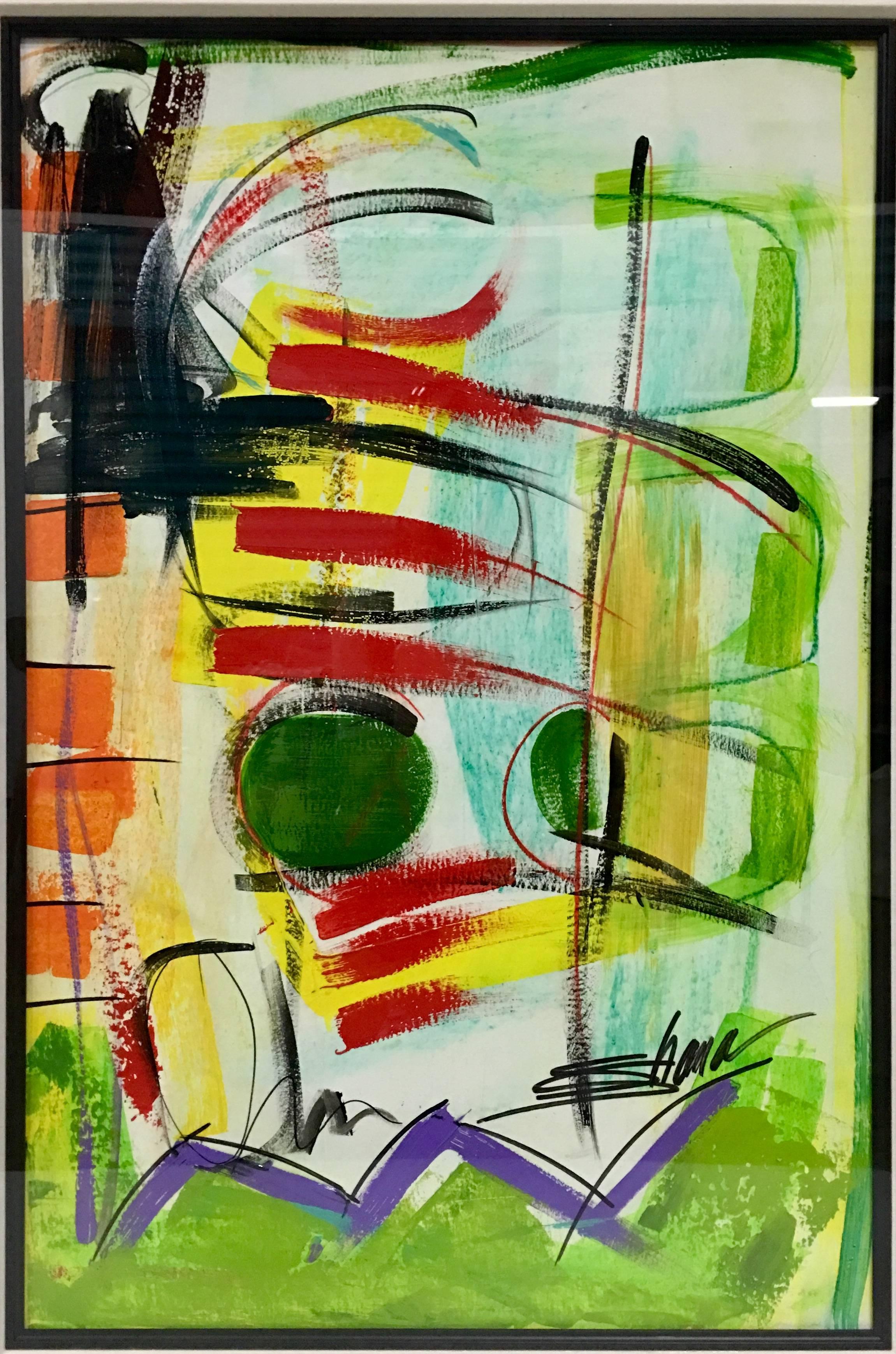 Contemporary Original oil painting acrylic on paper, framed and hand signed lower right by, Shana Dominguez. Titled, 