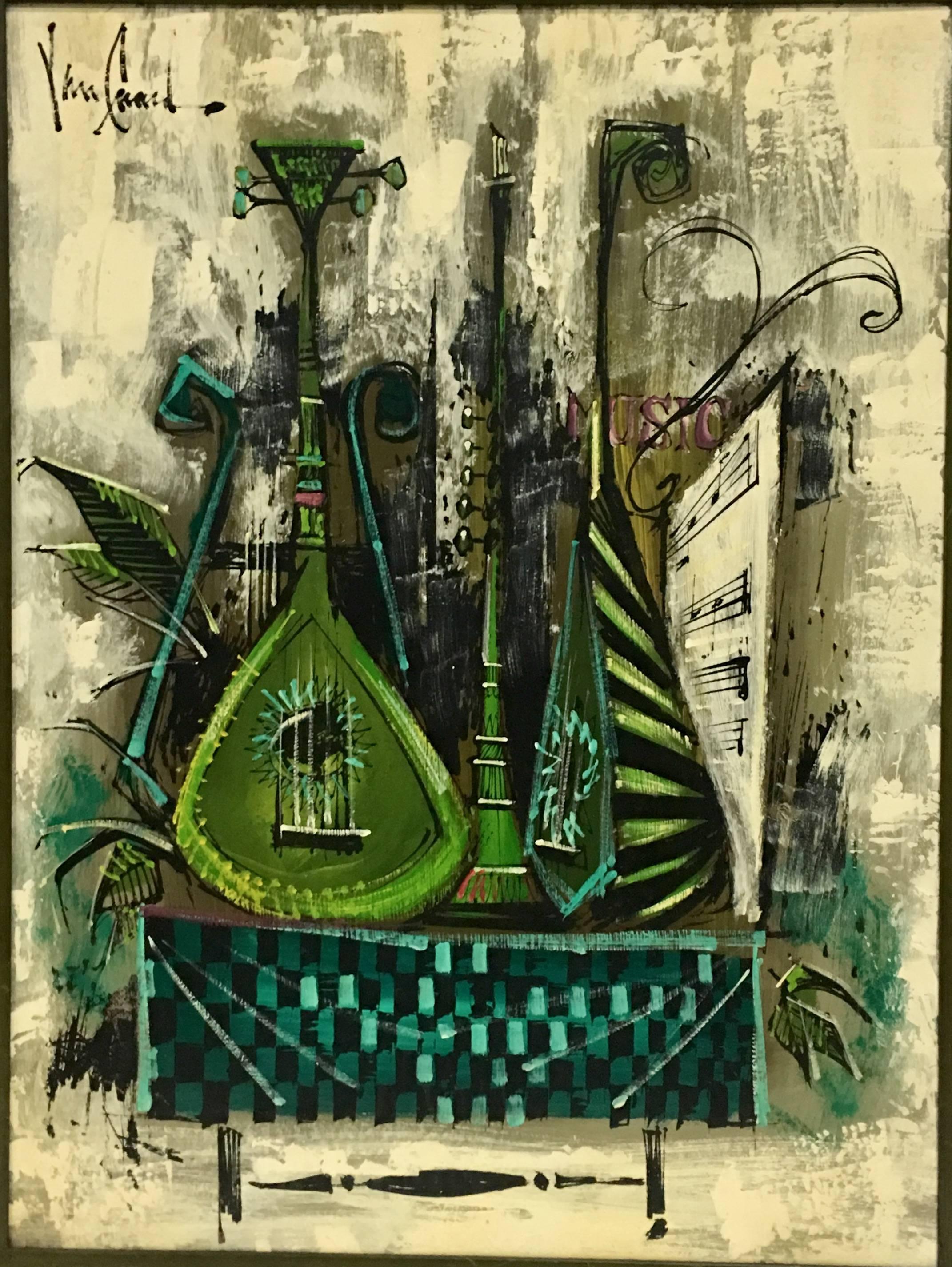 Mid-20th century rare original oil on board painting, "Music" by, Van Gaard. Signed, Van Gaard upper left corner. This painting features an oversized and dramatic musical instrument on a checkerboard credenza theme. Features instruments