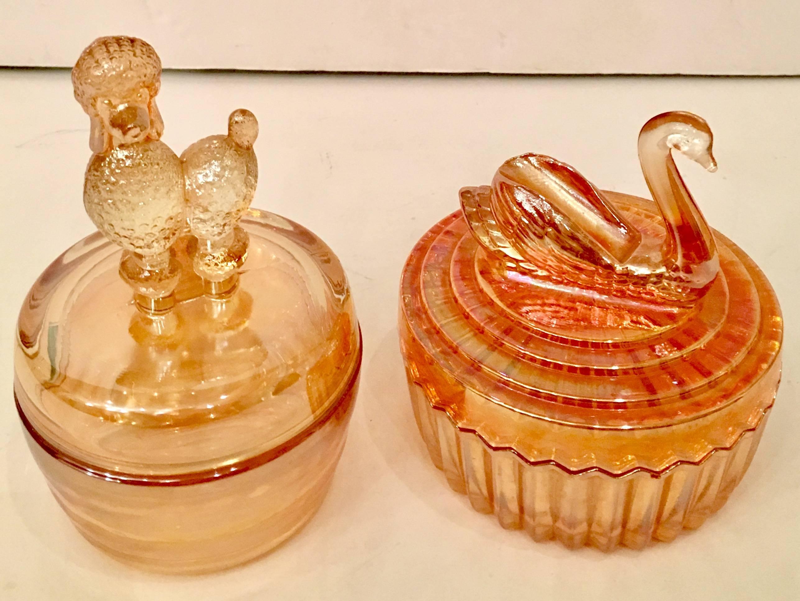 Hollywood Regency Pair of Vintage Peach Luster Glass Lidded Jars