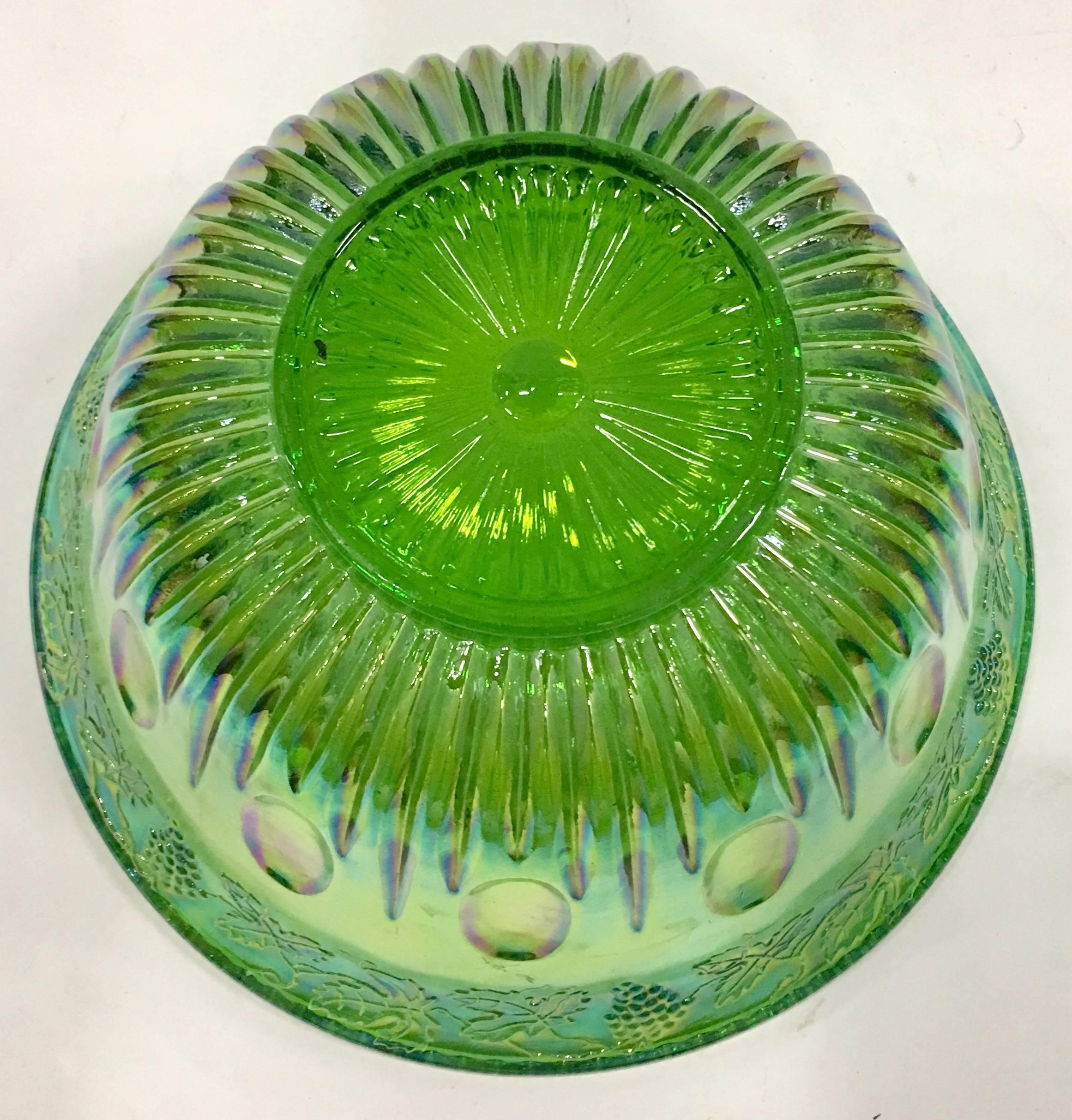 Mid-Century Green Cut Glass Punch Bowl Set of 17 1
