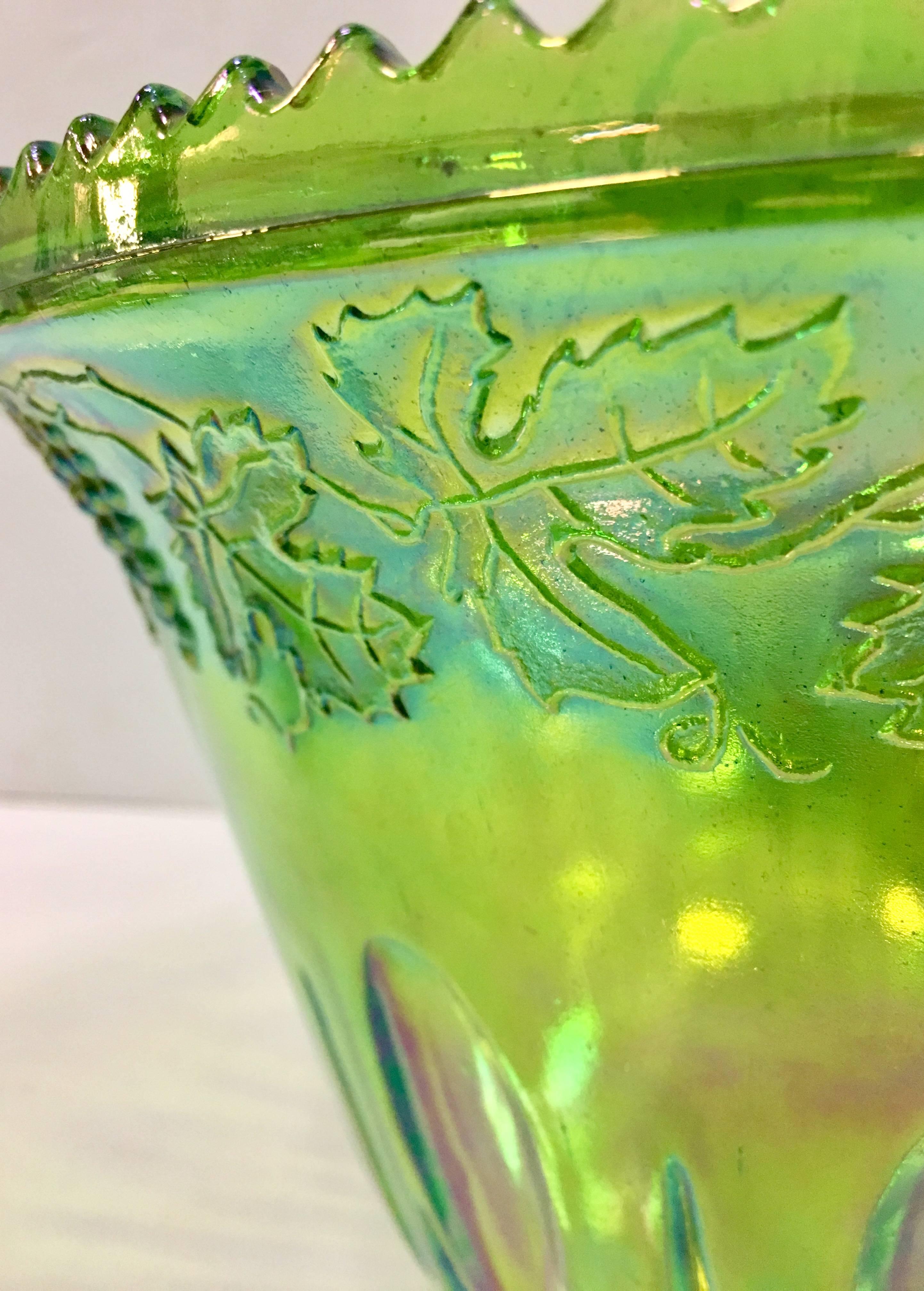 Mid-Century Green Cut Glass Punch Bowl Set of 17 In Excellent Condition In West Palm Beach, FL