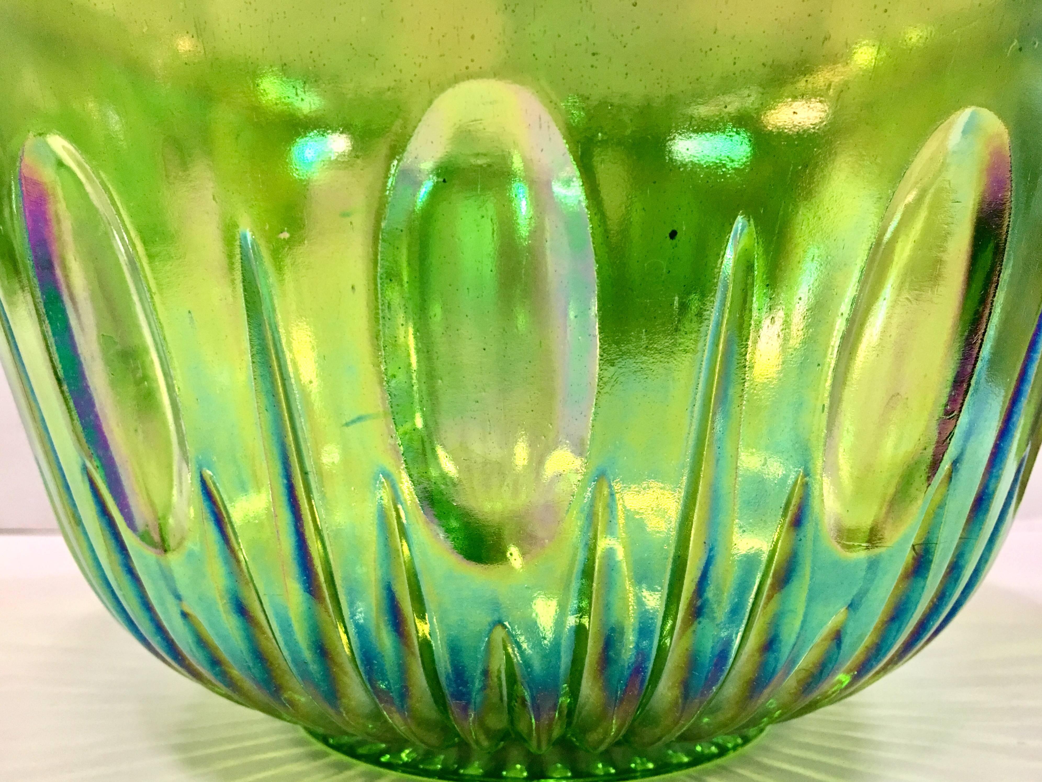 20th Century Mid-Century Green Cut Glass Punch Bowl Set of 17