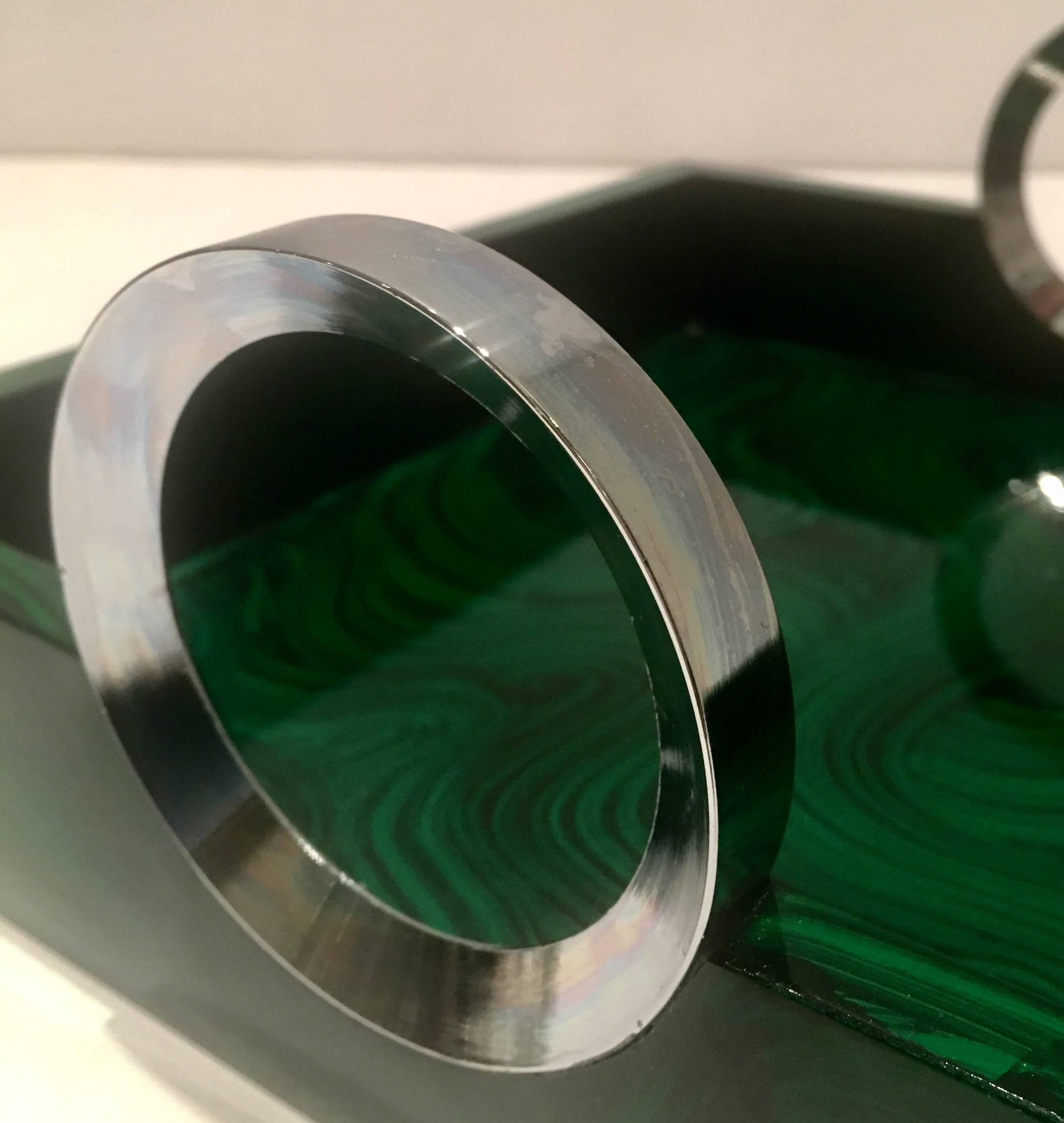 Contemporary Malachite Lacquered Wood and Nickel Silver Tray In Excellent Condition In West Palm Beach, FL