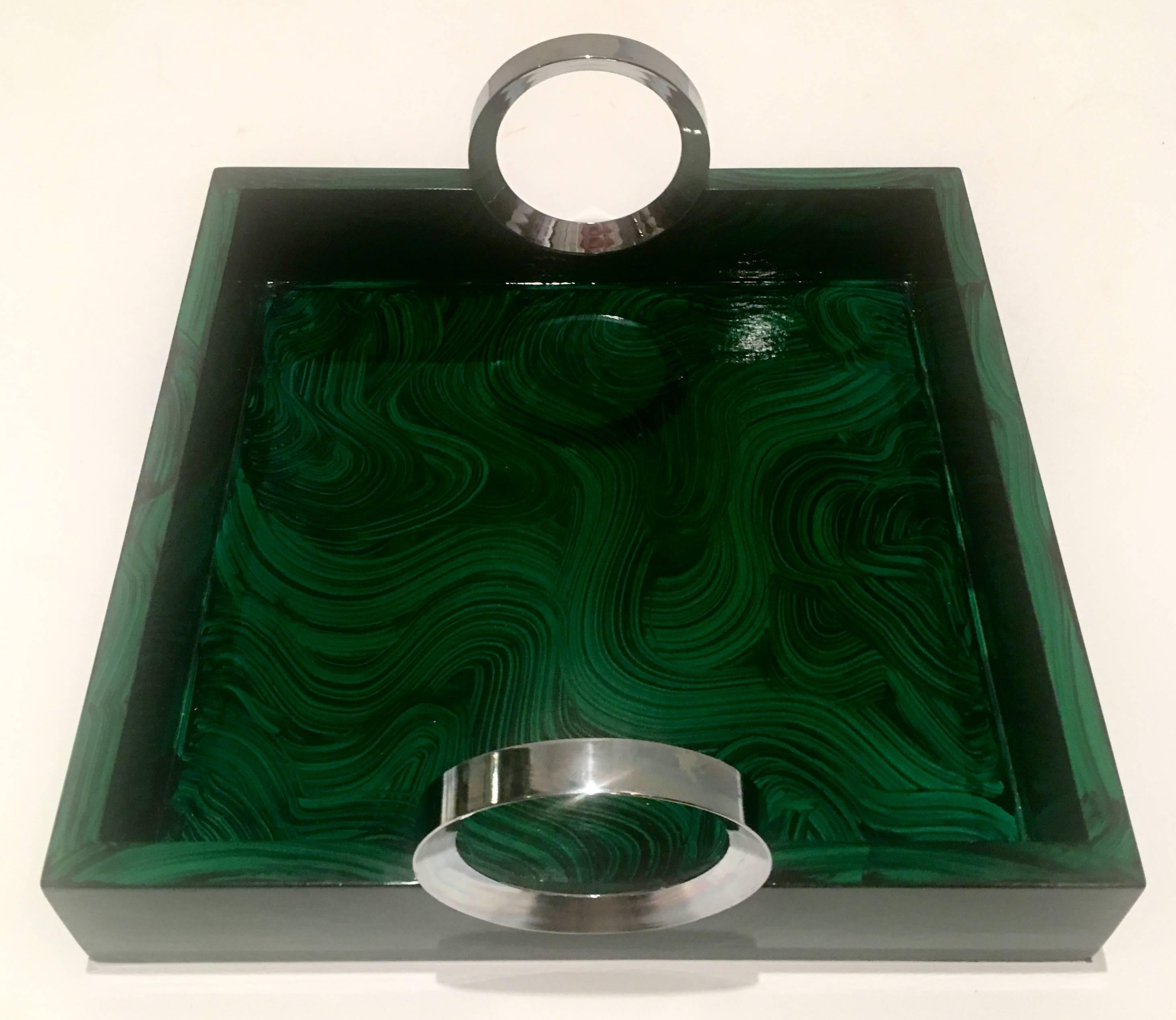 Modern Contemporary Malachite Lacquered Wood and Nickel Silver Tray