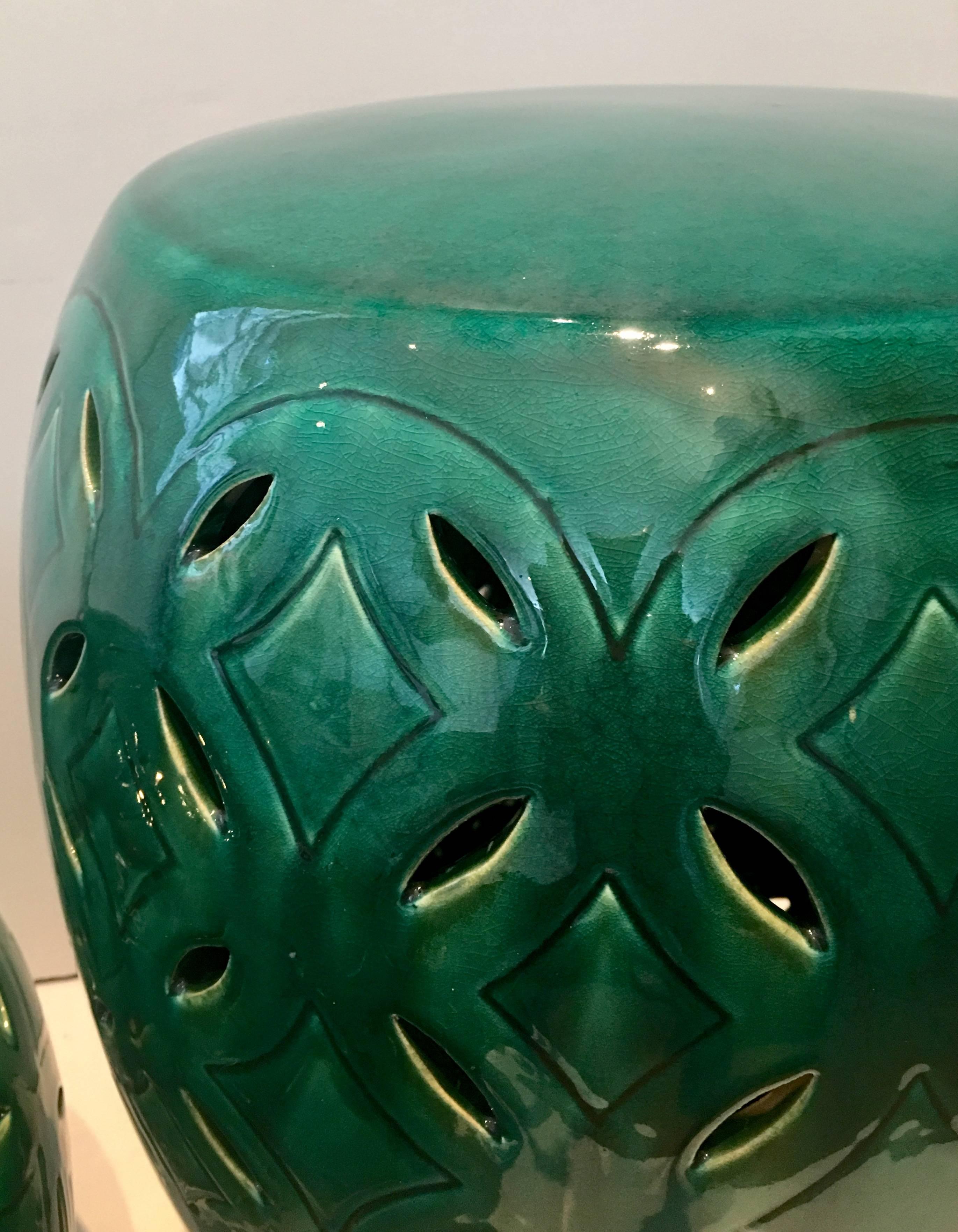 Chinese Pair of Ceramic Glaze Emerald Green Garden Stools