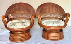1950s Paul Frankl Style Bent Rattan Reed and Wicker Swivel Chairs