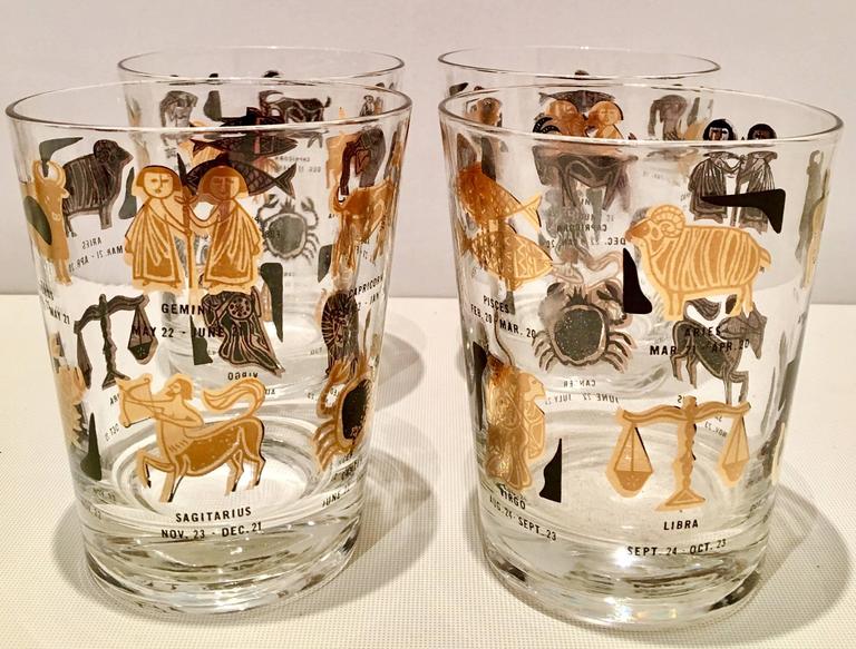 Vintage 22Karat Gold and Black "Zodiac" Drink Glasses, Set of 12 at