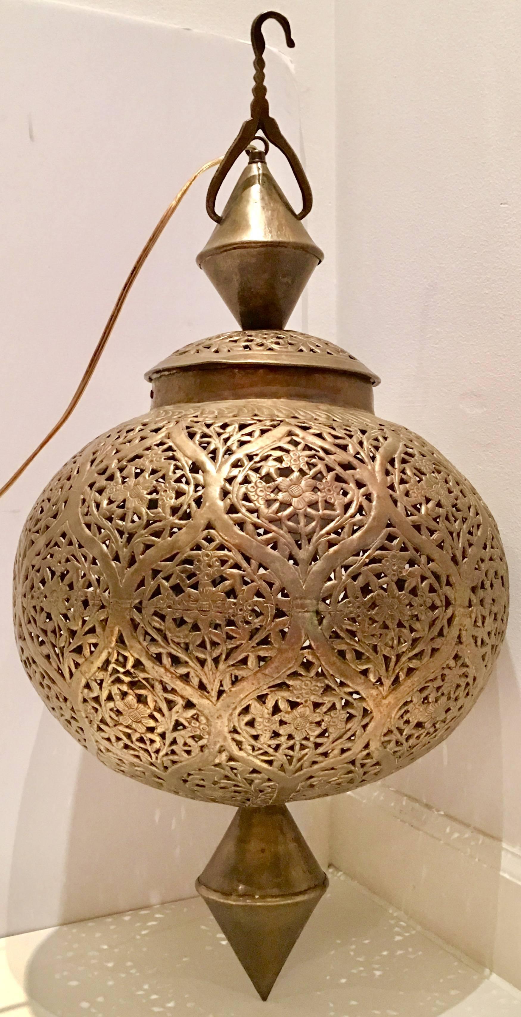 Moorish Mid-Century Moroccan Handmade Large Brass Pendant Lantern