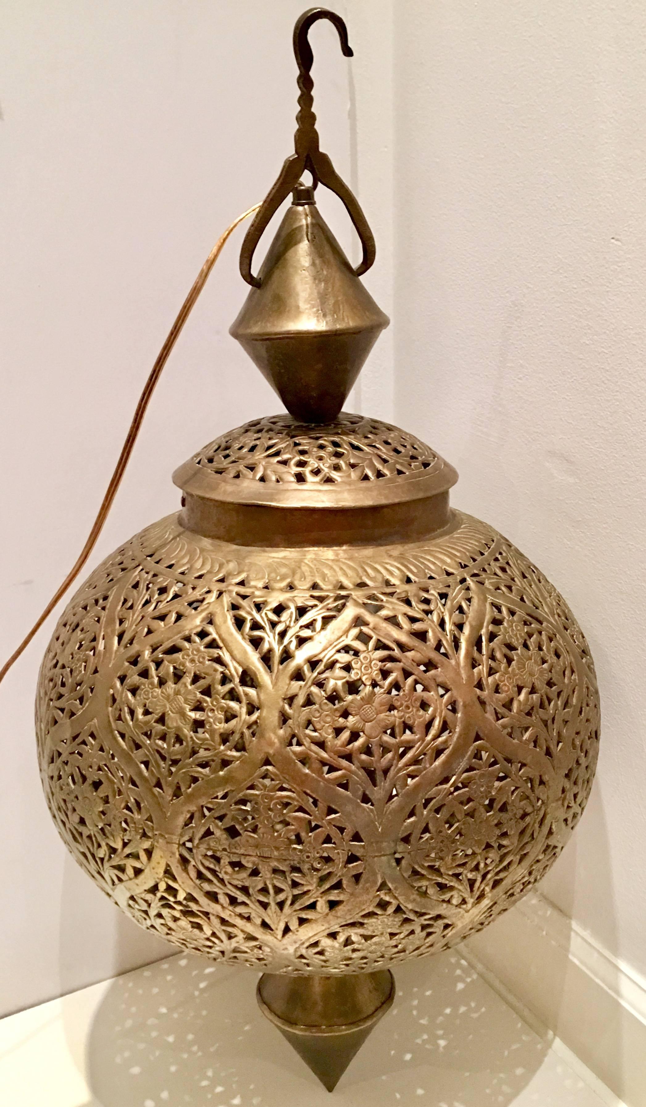 Mid-Century Moroccan Handmade Large Brass Pendant Lantern In Excellent Condition In West Palm Beach, FL
