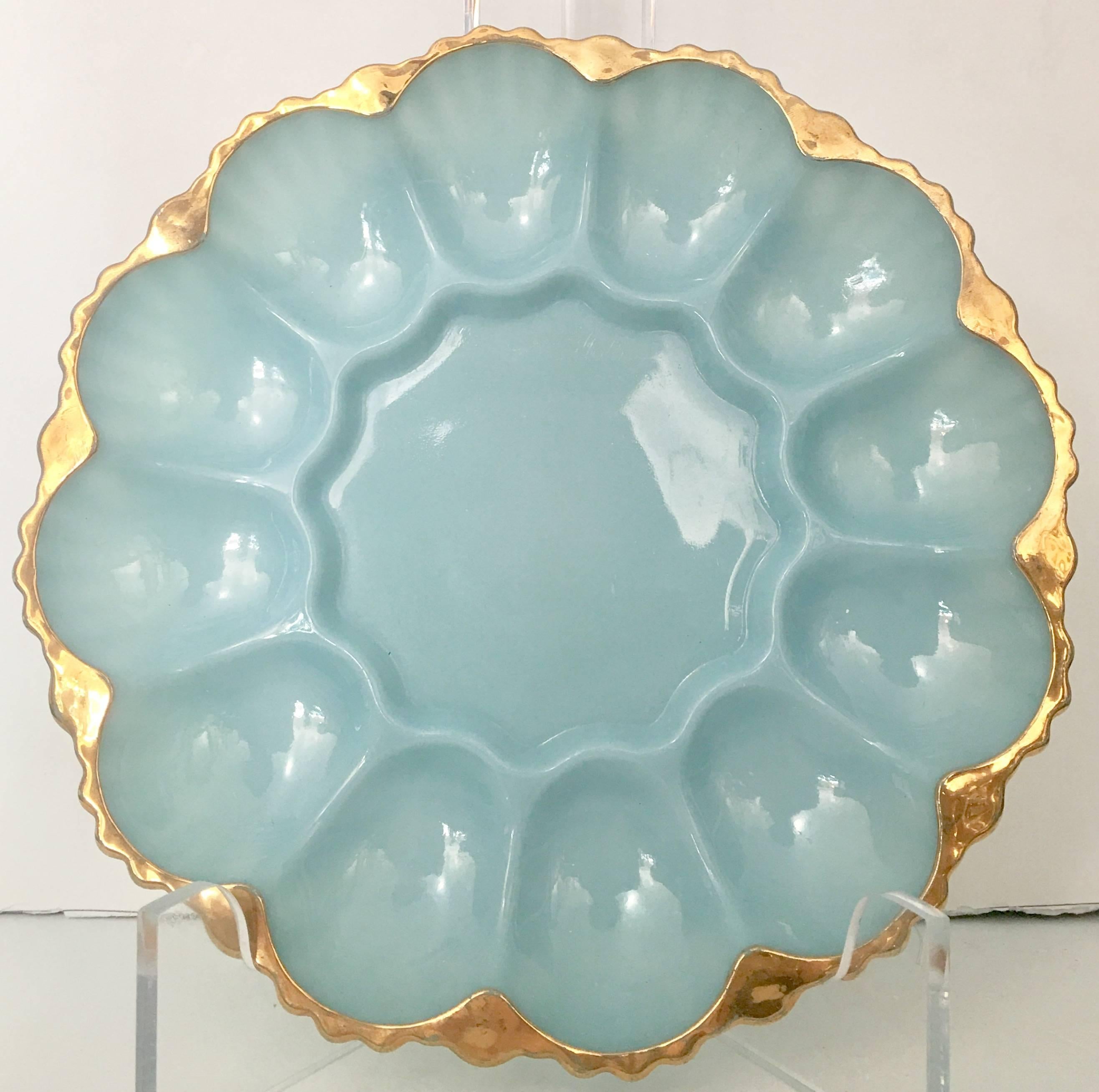Mid-Century blue milk glass and 22-karat gold rim devil egg serving platter.