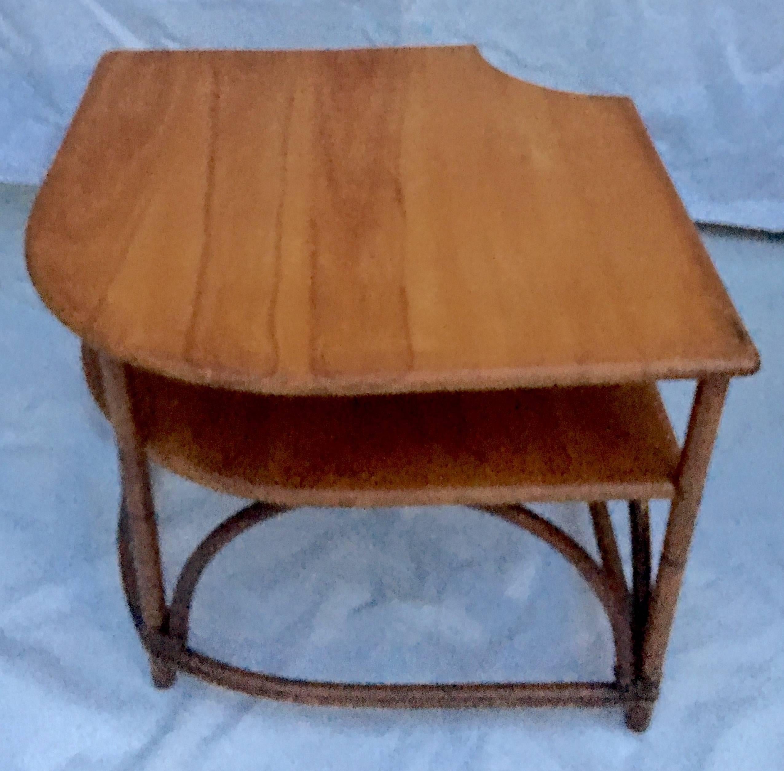 Mid-20th Century Pair Of Teak & Rattan Two-Tier Side Tables In Good Condition For Sale In West Palm Beach, FL