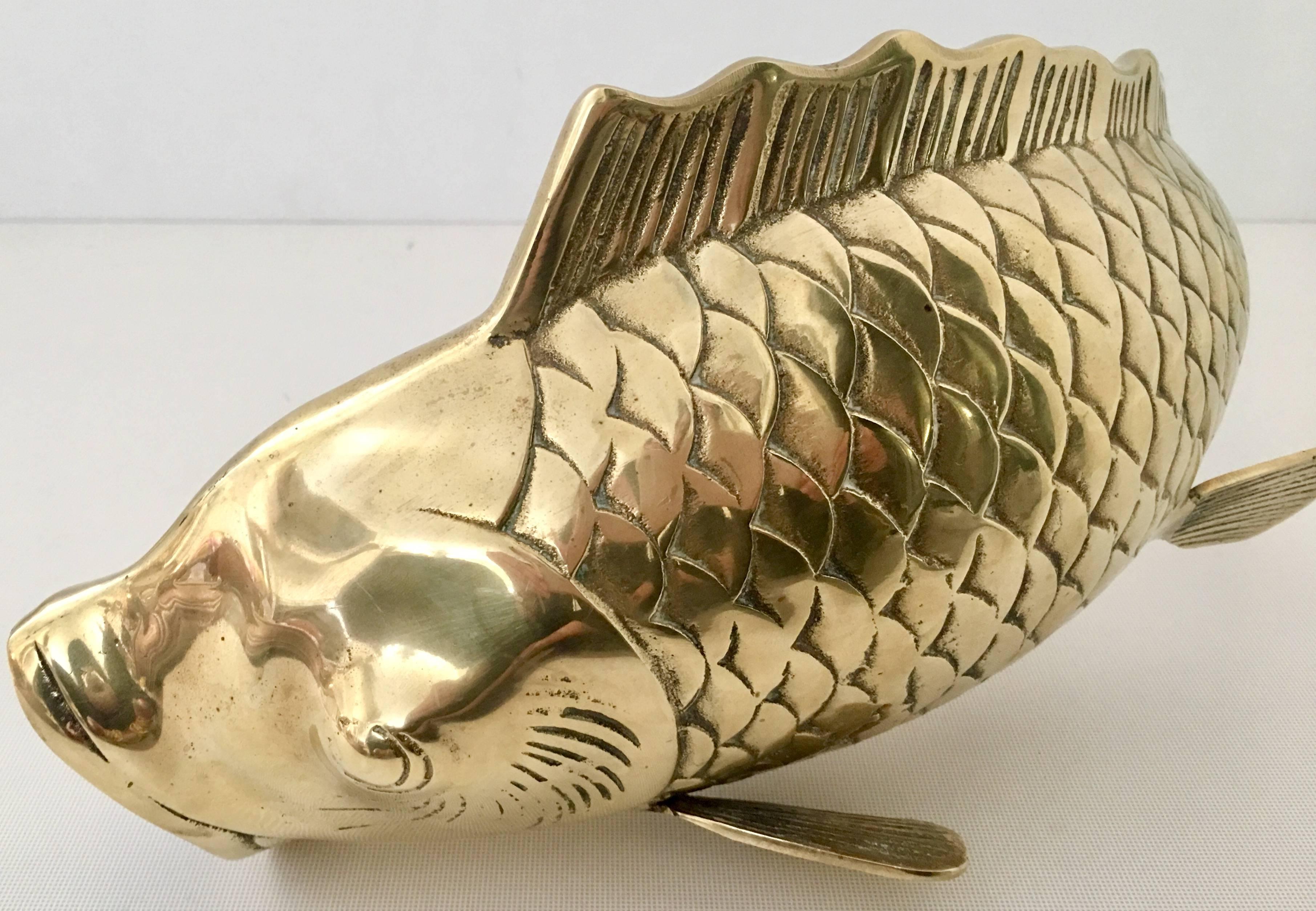 Asian Mid-Century Large Solid Brass Koi Fish Vase Sculpture