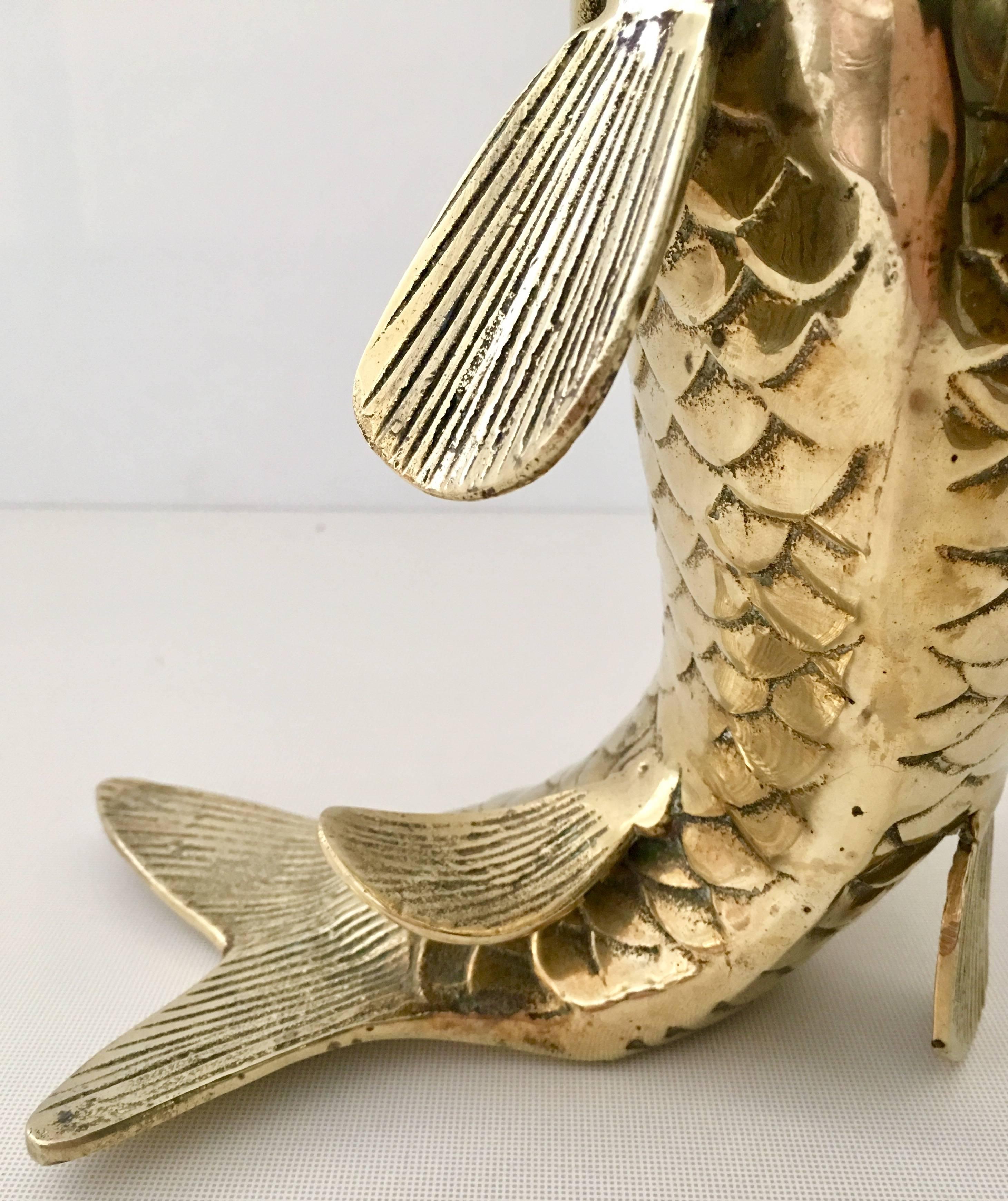 Mid-Century Large Solid Brass Koi Fish Vase Sculpture 1
