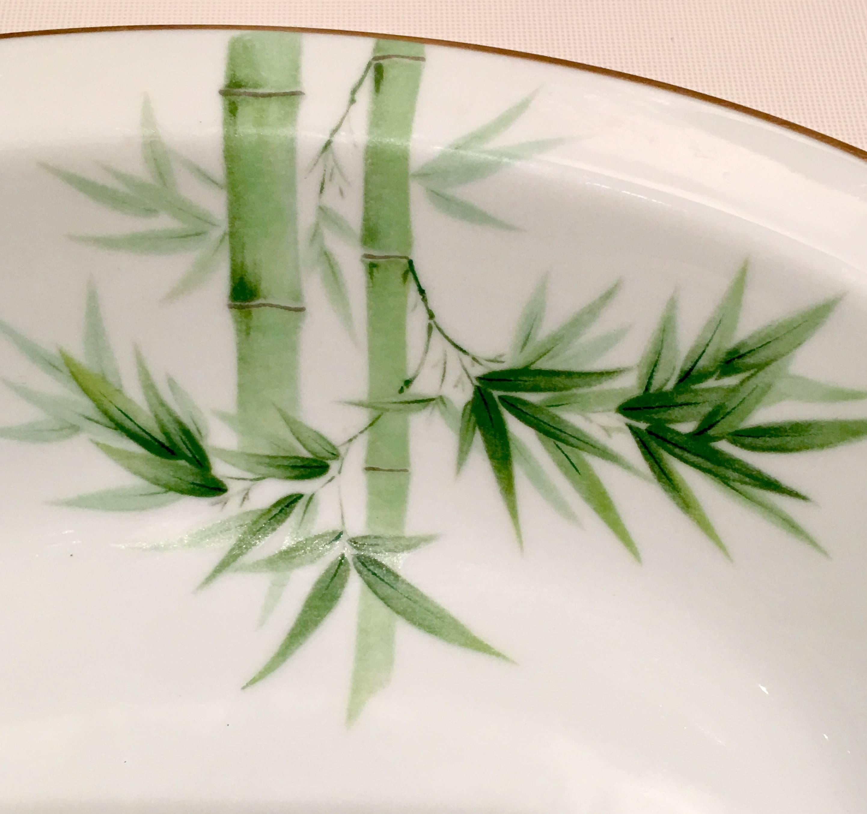 Vintage Japanese Green Bamboo and Gold Rim China Set of 23 Pieces In Excellent Condition In West Palm Beach, FL
