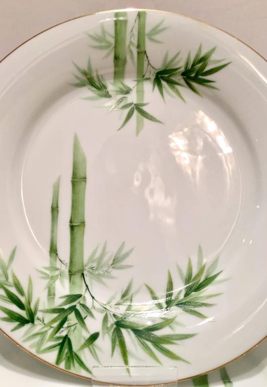 Vintage Japanese Green Bamboo and Gold Rim China Set of 23 Pieces