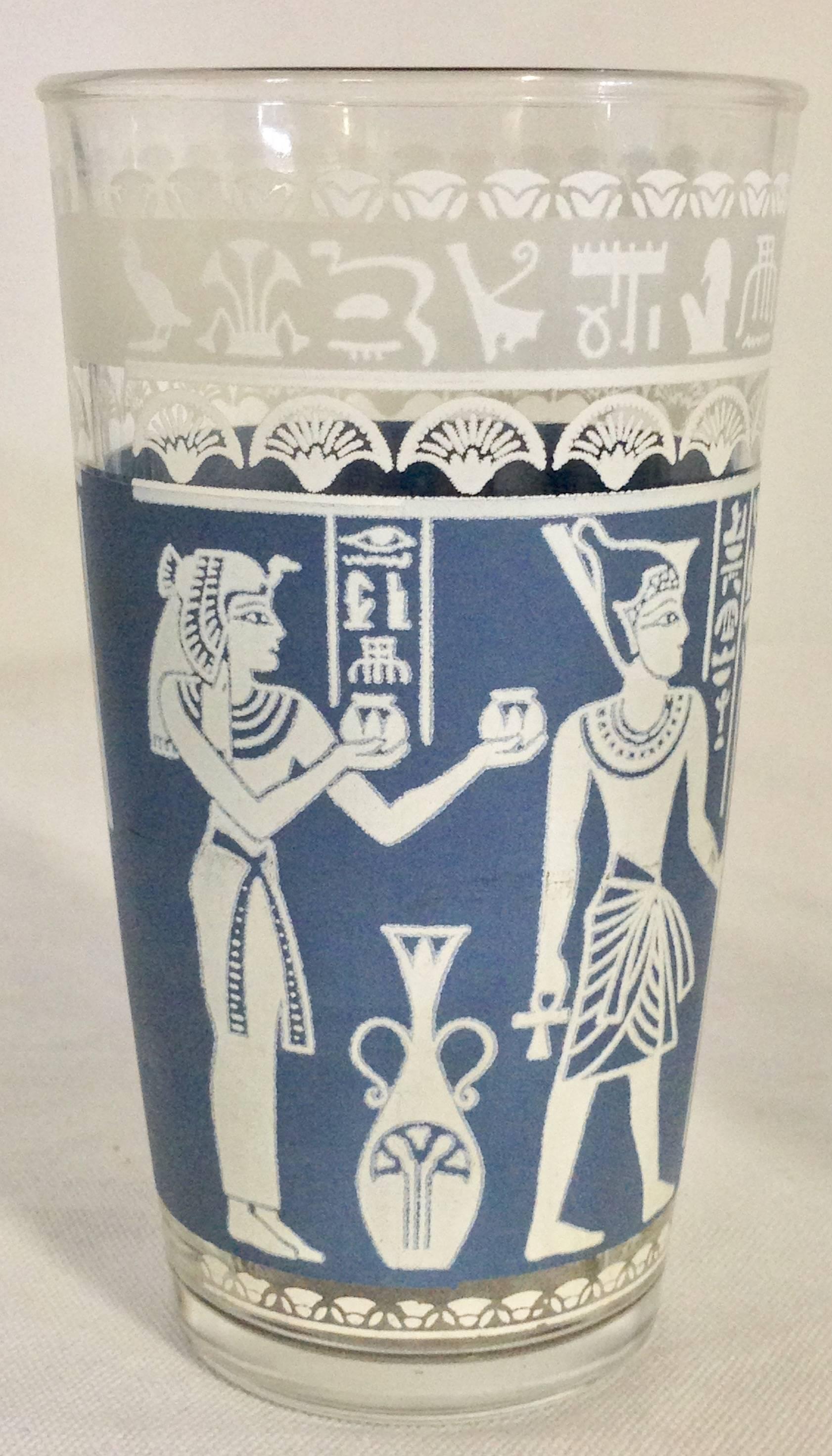 MidCentury Egyptian Gods Motif French Blue Optic Drinking Glasses, Set