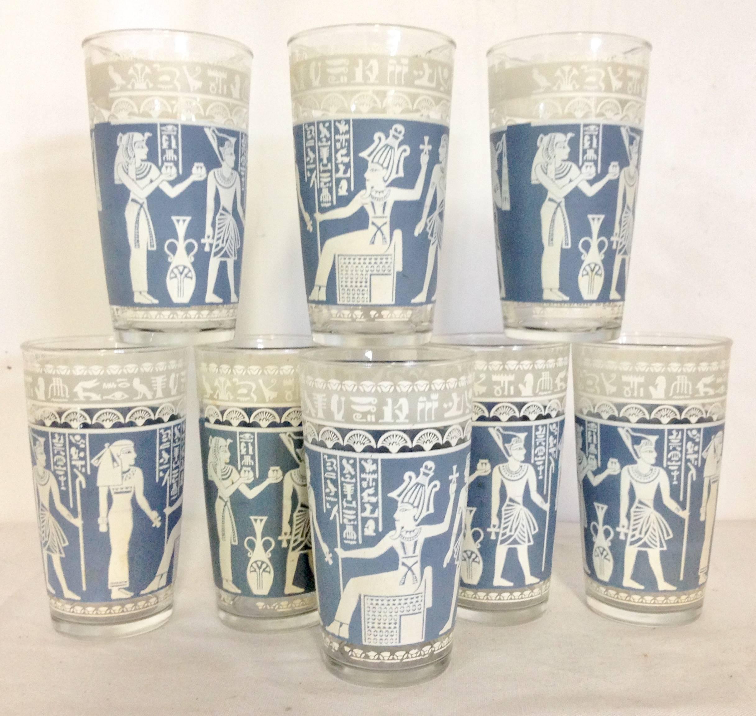 MidCentury Egyptian Gods Motif French Blue Optic Drinking Glasses, Set