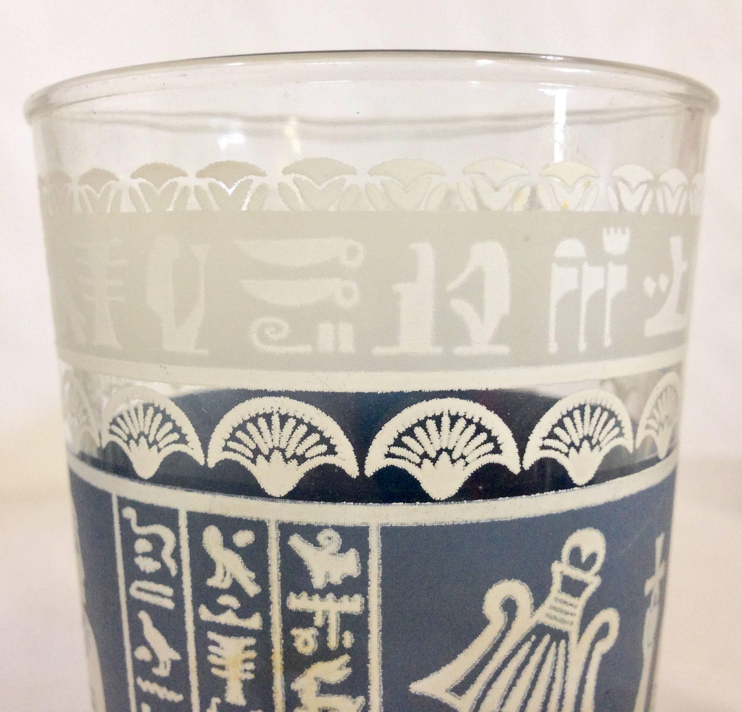 MidCentury Egyptian Gods Motif French Blue Optic Drinking Glasses, Set