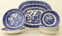 Vintage English "Blue Willow" Dinnerware Set/10 By Ridgeways