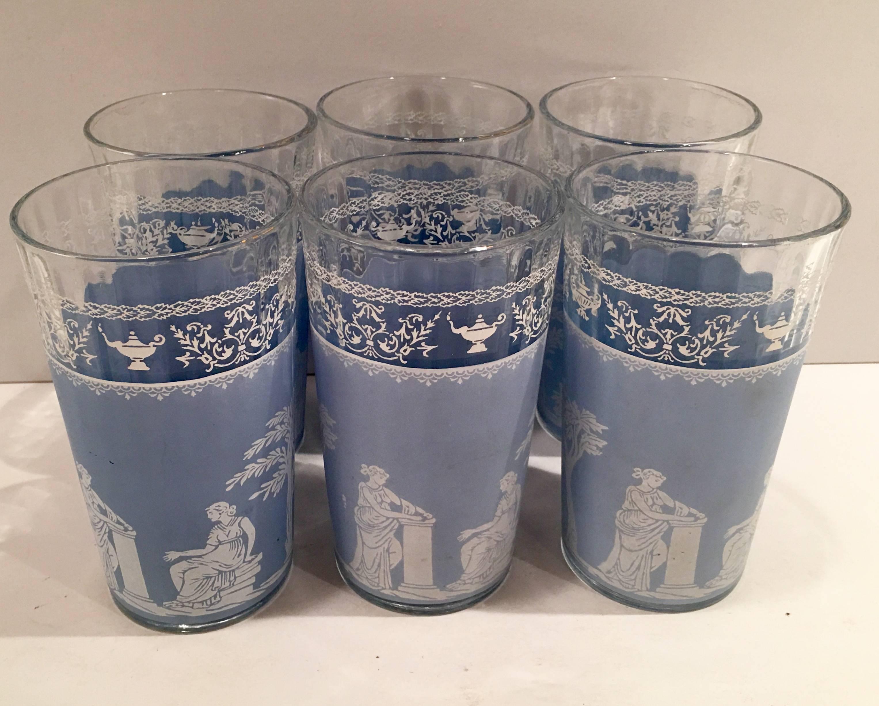 Mid-Century frosted white and wedgewood blue Greek Goddess Hellenic printed set of six drink glasses.