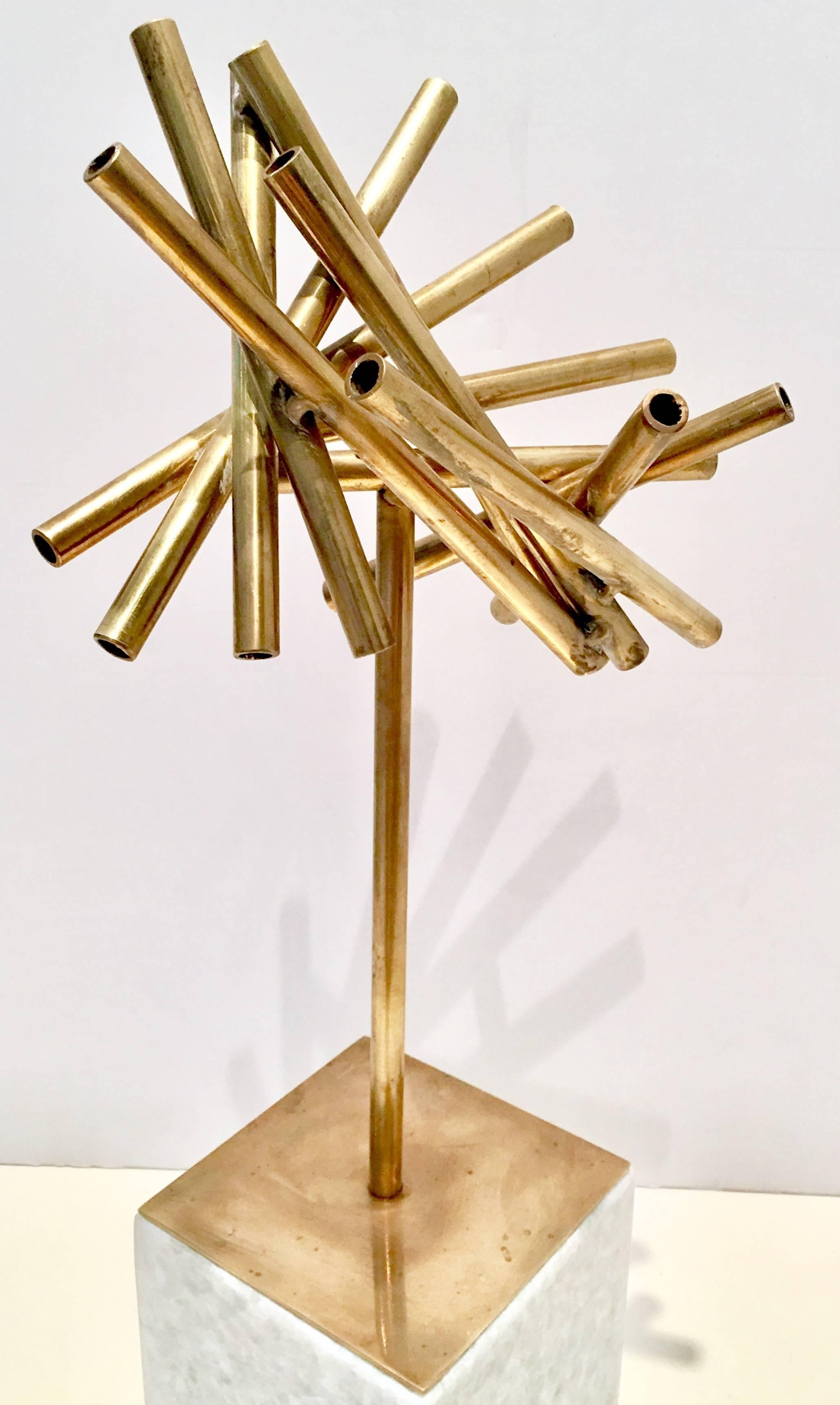 Modern Brass and Marble Abstract Tubular Sticks Sculpture In Excellent Condition In West Palm Beach, FL