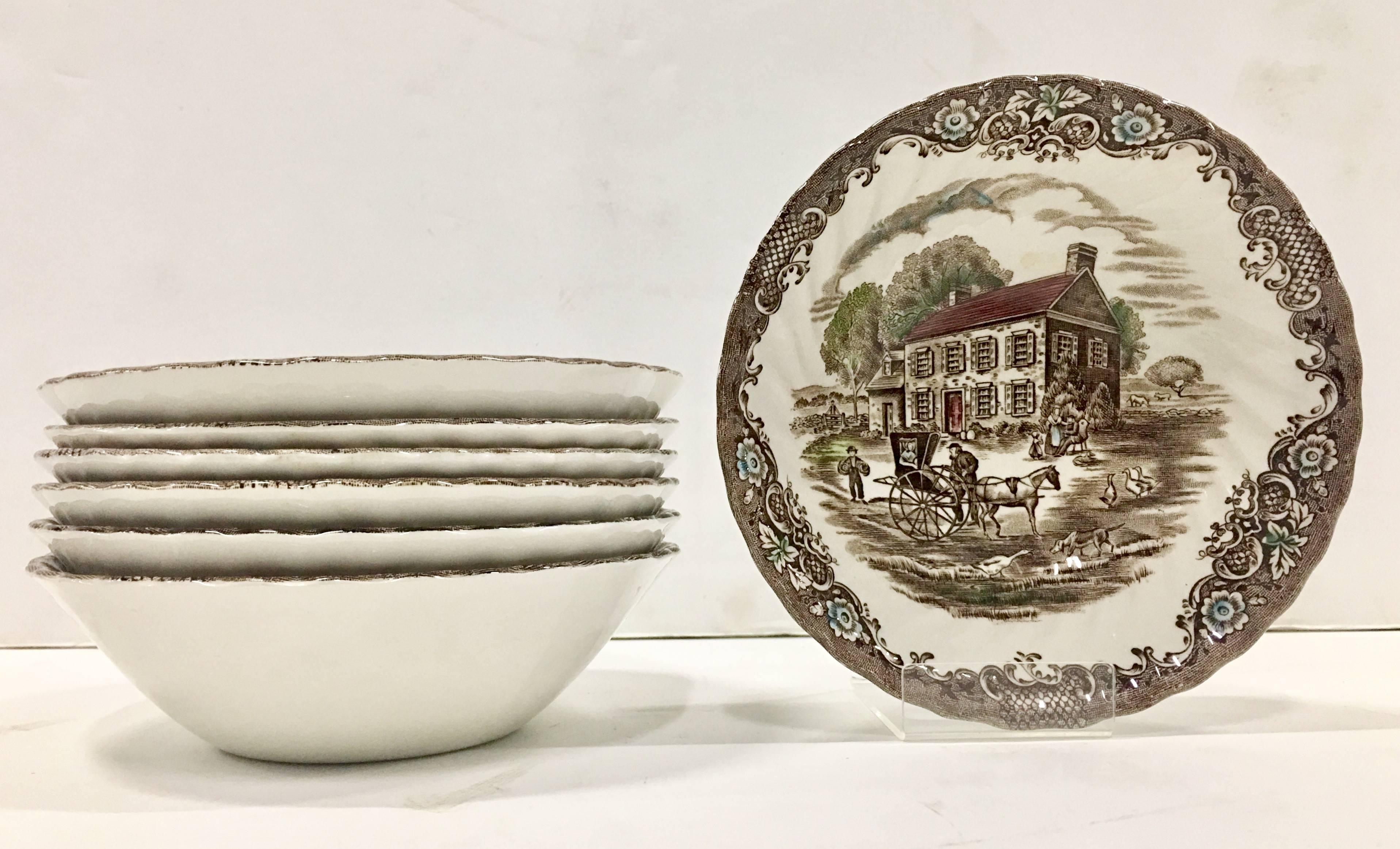 Mid-Century Staffordshire England-"Heritage Hall-Pennsylvania Fieldstone" set of fifteen pieces ironstone china. Set Includes, eight salad dessert/plates and seven coupe soul/cereal bowls. Each piece is signed on the