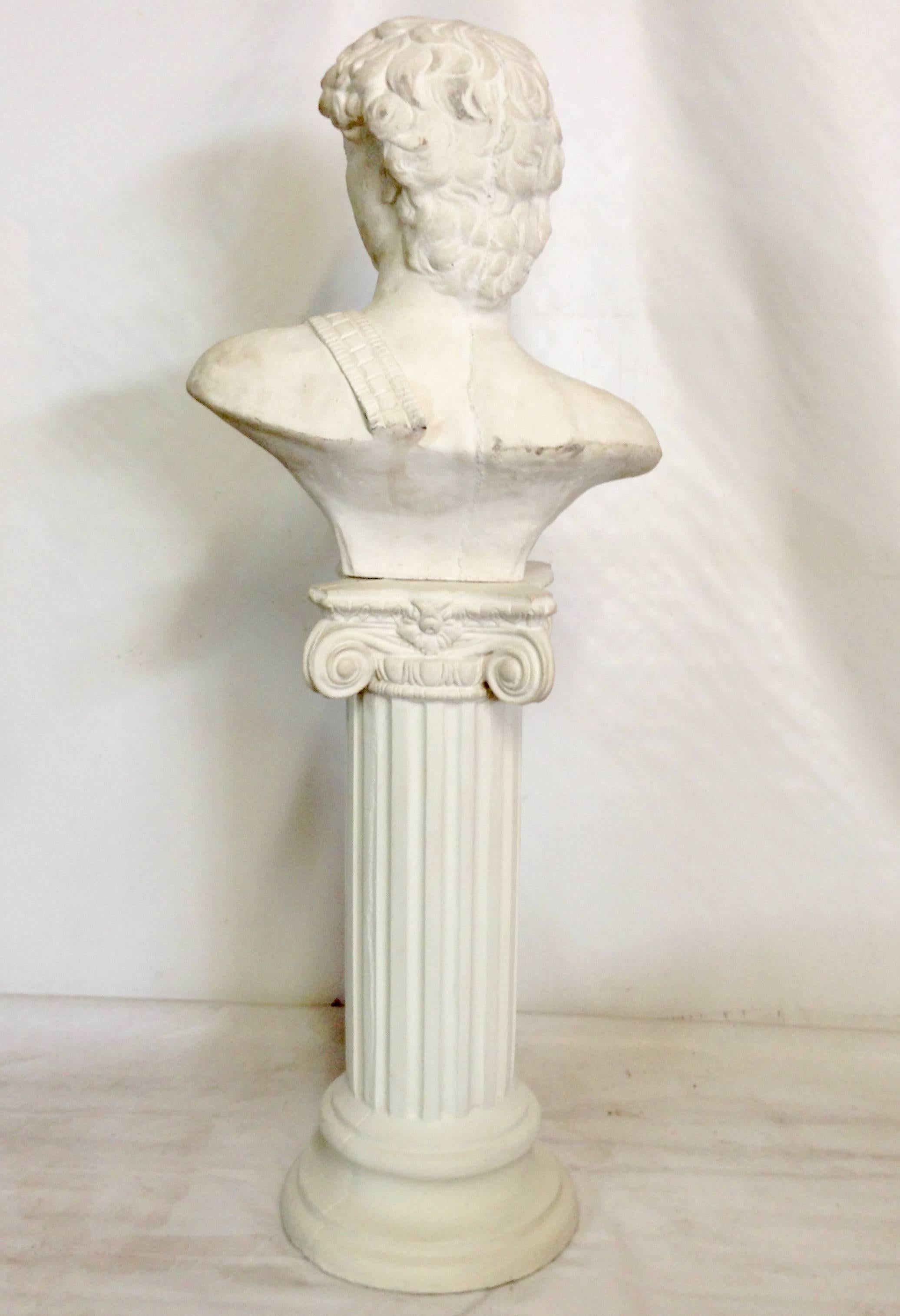 Vintage Life Size Concrete Male Roman Bust Sculpture and Pedestal In Excellent Condition For Sale In West Palm Beach, FL