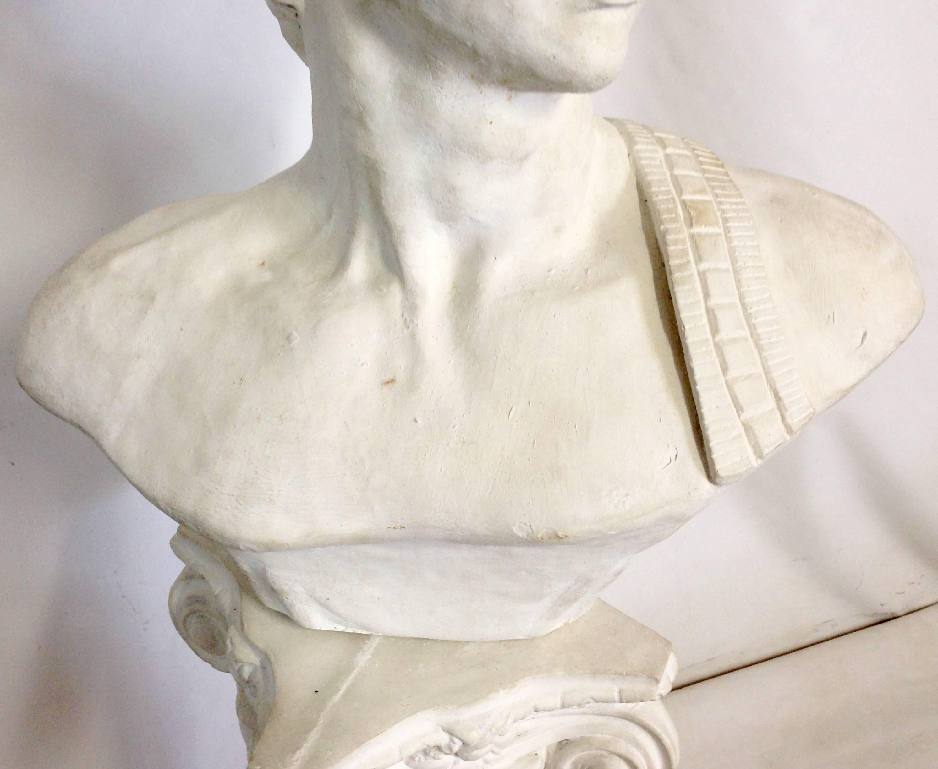 20th Century Vintage Life Size Concrete Male Roman Bust Sculpture and Pedestal For Sale