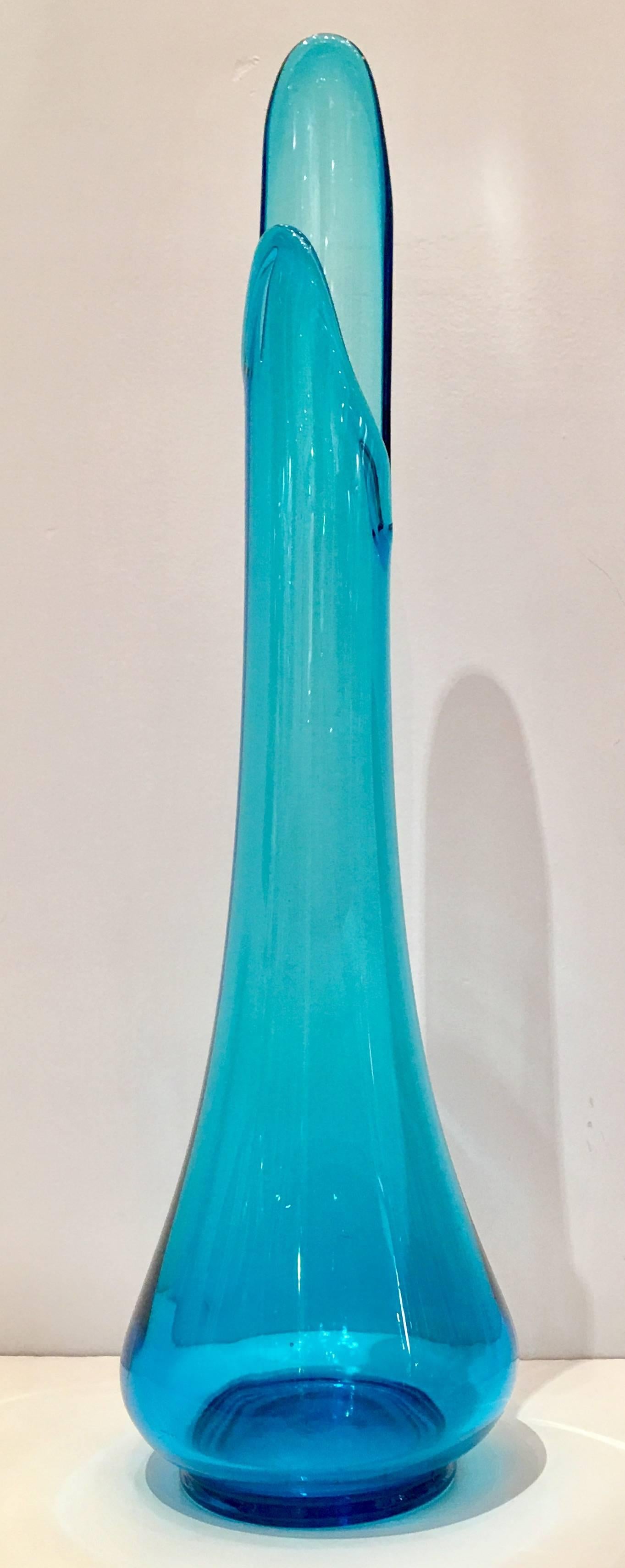 Mid-Century Modern Blown Art Glass Tall Slag Glass Vase in Cerulean Blue.