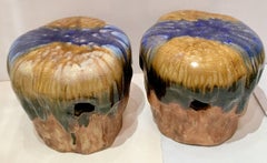 Contemporary Pair of Ceramic Drip Glaze Organic Mushroom Stools